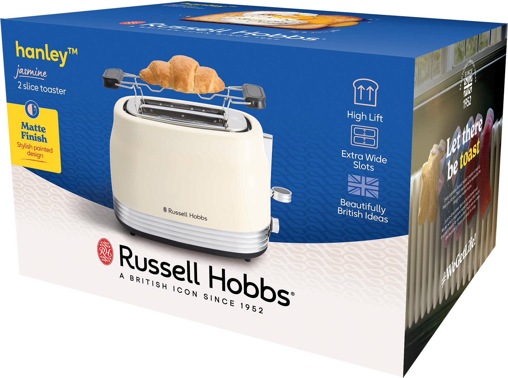 Krémszínű Russell Hobbs Hanley 2 szeletes kenyérpirító, tetején croissant-val. Szöveg: 'Matte Finish' és 'British Icon'.