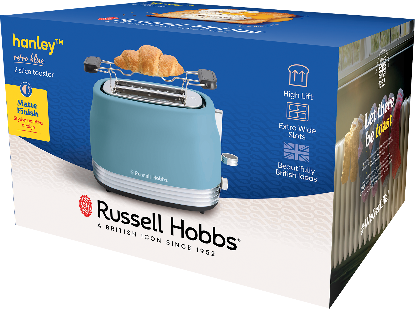 Egy kék Russell Hobbs kenyérpirító, tetején egy croissant-val, kék dobozon. A szöveg 'retro blue' és '2 szeletes kenyérpirító'.