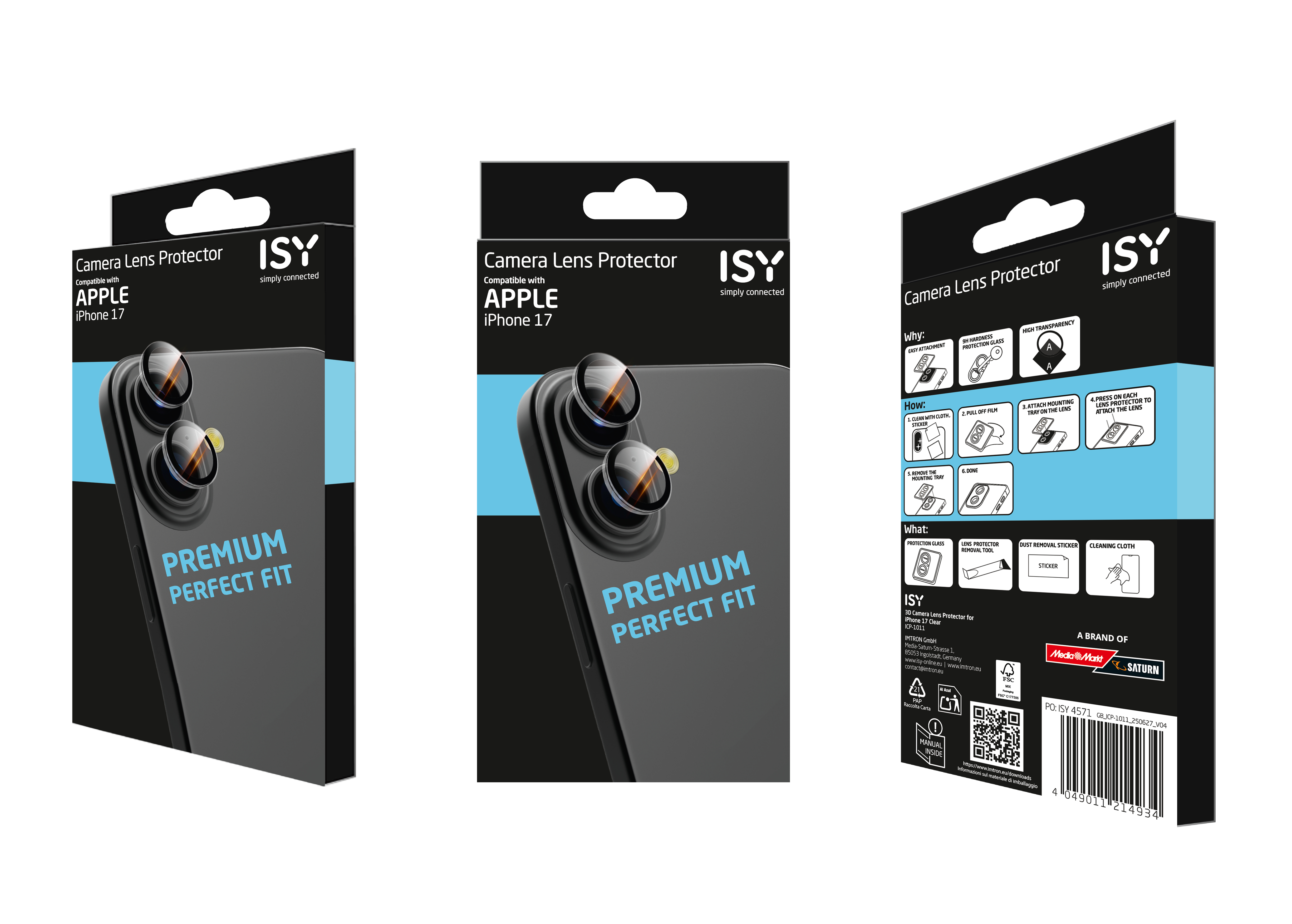 Produktverpackung für einen iPhone 17 Kameraobjektivschutz. Die Box ist schwarz, mit Produktnamen und einem Bild des Telefons.