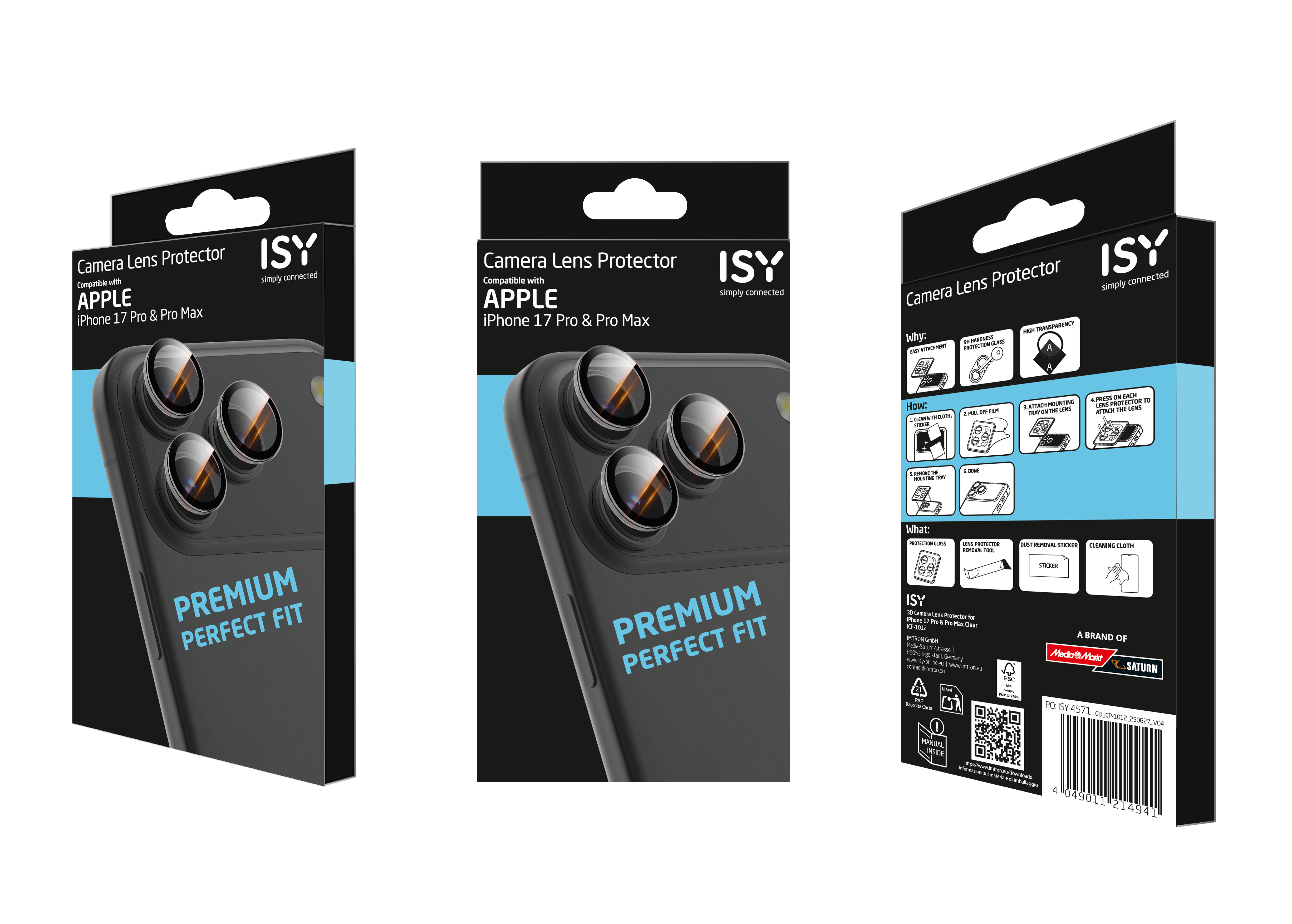 Produktverpackung für einen iPhone-Kamera-Linsenschutz. Die Box zeigt das Produkt und Schlüsselfunktionen.
