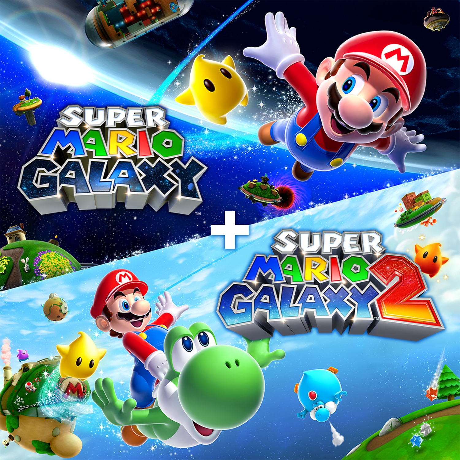 Super Mario Galaxy game covers. Mario in rood pak, vliegend in de ruimte. Yoshi en andere personages op de achtergrond.