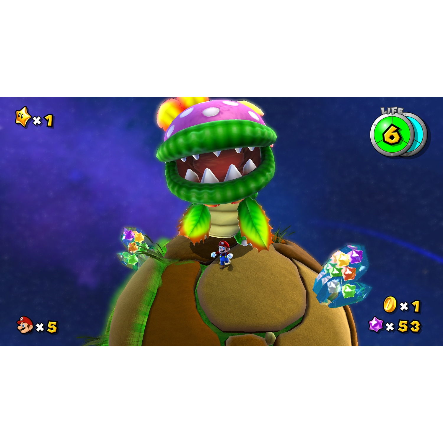 Mario staat tegenover een gigantisch plantenmonster op een asteroïde in de ruimte. Het monster heeft een paarse kop, groene kaken en Mario staat op de asteroïde.