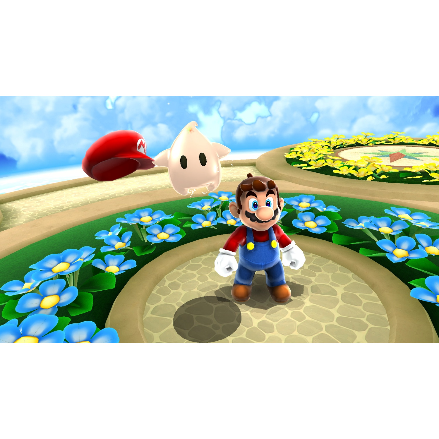 Mario se tient sur un chemin de pierre entouré de fleurs bleues. Un chapeau rouge et une créature en forme d'étoile flottent à proximité. Des fleurs jaunes sont en arrière-plan.