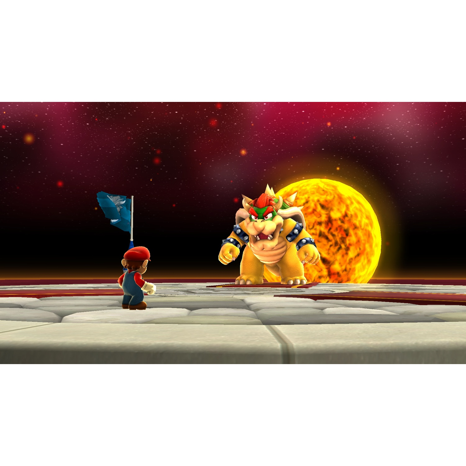 Mario fait face à Bowser, une grande créature jaune en forme de tortue, sur une plateforme. Un grand soleil en arrière-plan, avec ciel étoilé.