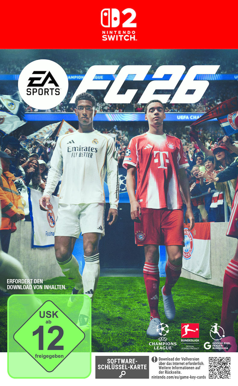 FC 26 Cover: Zwei Fußballspieler in Trikots, Nintendo Switch Logo.