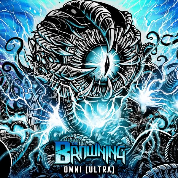 Ein augenähnliches Wesen mit scharfen Zähnen und Tentakeln, umgeben von elektrisch blauem Blitz. Der Browning, Omni Ultra Text unten.