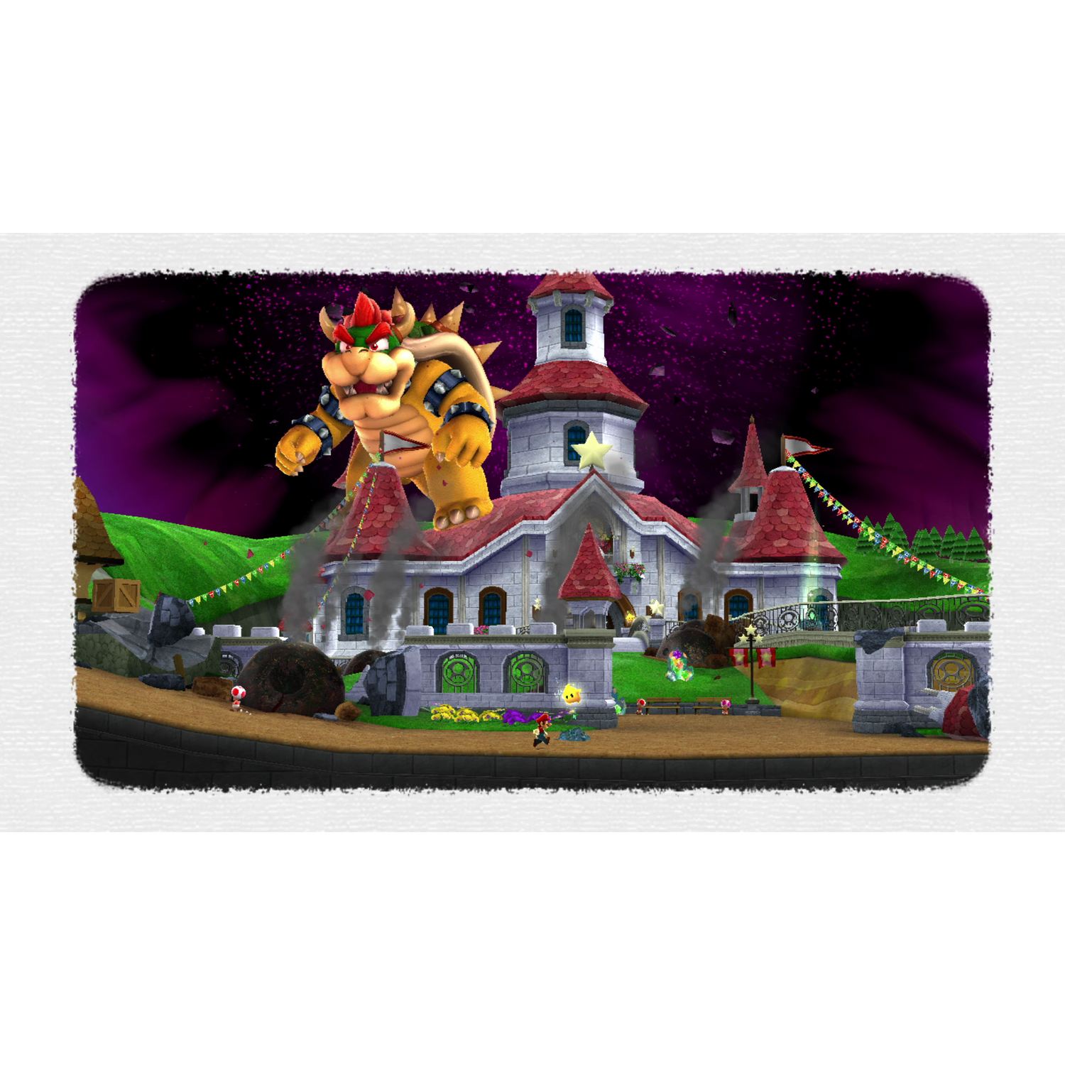Bowser valt Peach's kasteel aan. Rook stijgt op. Mario-personages en kasteeldetails zijn zichtbaar, met een paarse nachthemel.