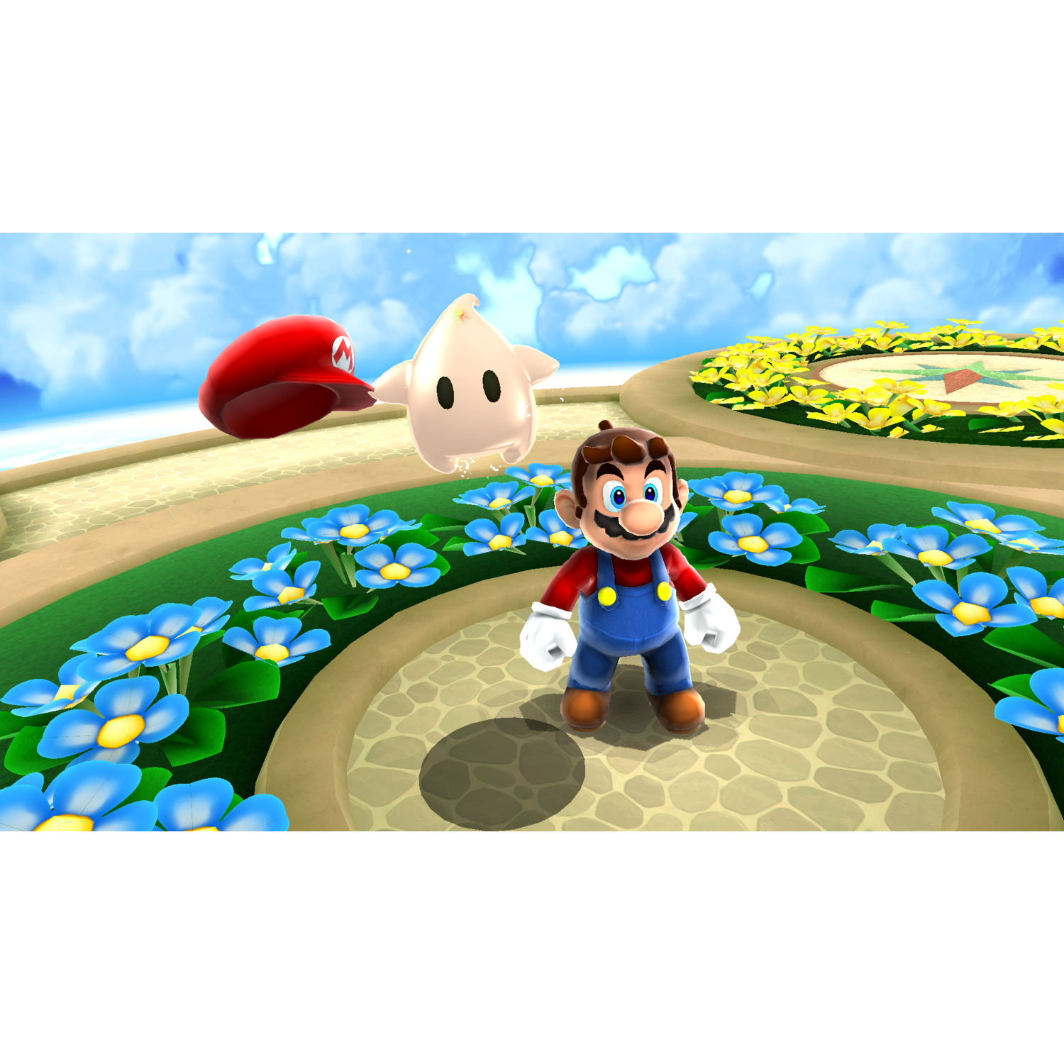 Mario staat in een tuin met bloemen, een stervormig wezen en een zwevende rode hoed. Een blauwe lucht vormt de achtergrond.