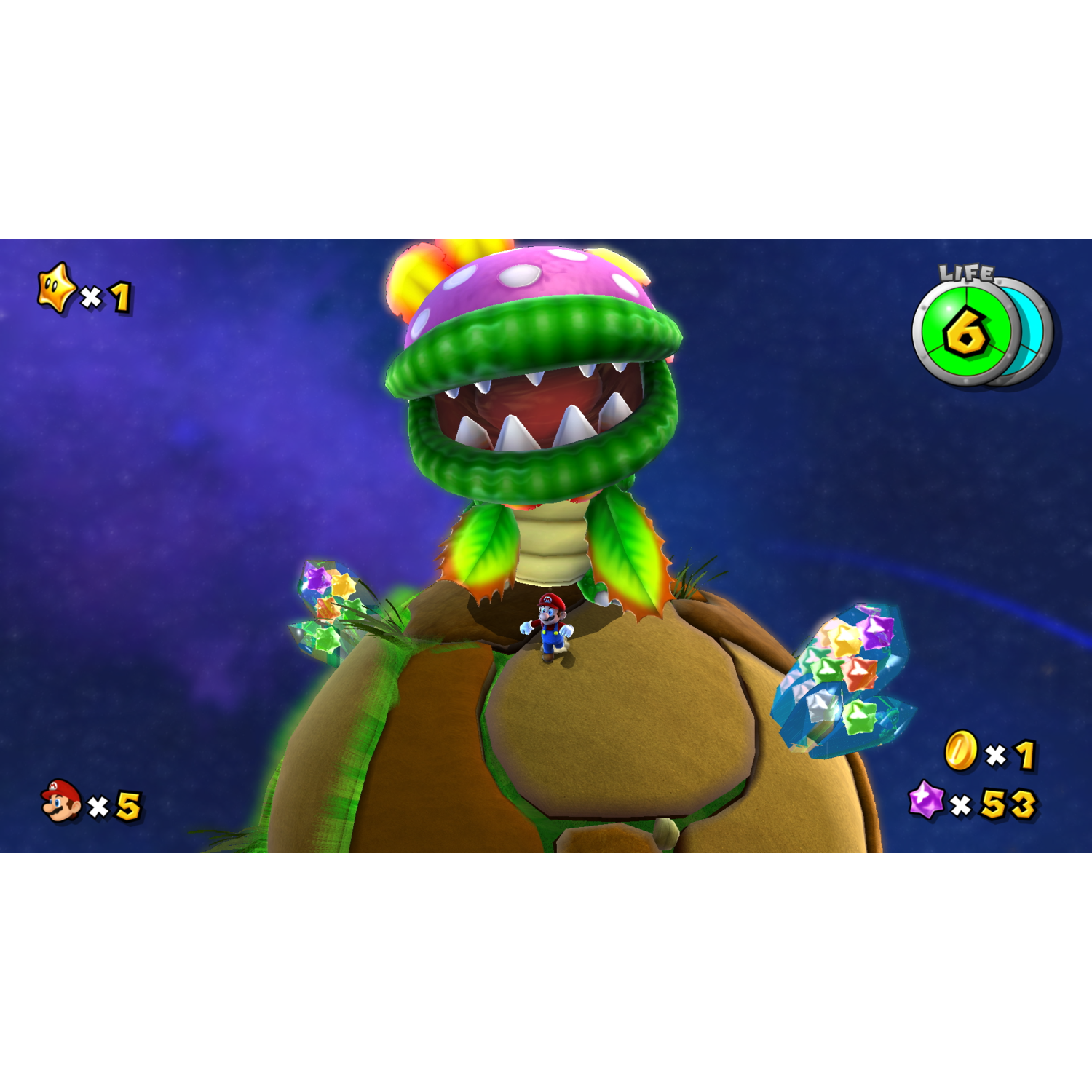 Mario staat op een bruine plant met een gigantische Piranha Plant. De achtergrond is een paarse en blauwe ruimte. Er zijn sterren en edelstenen.