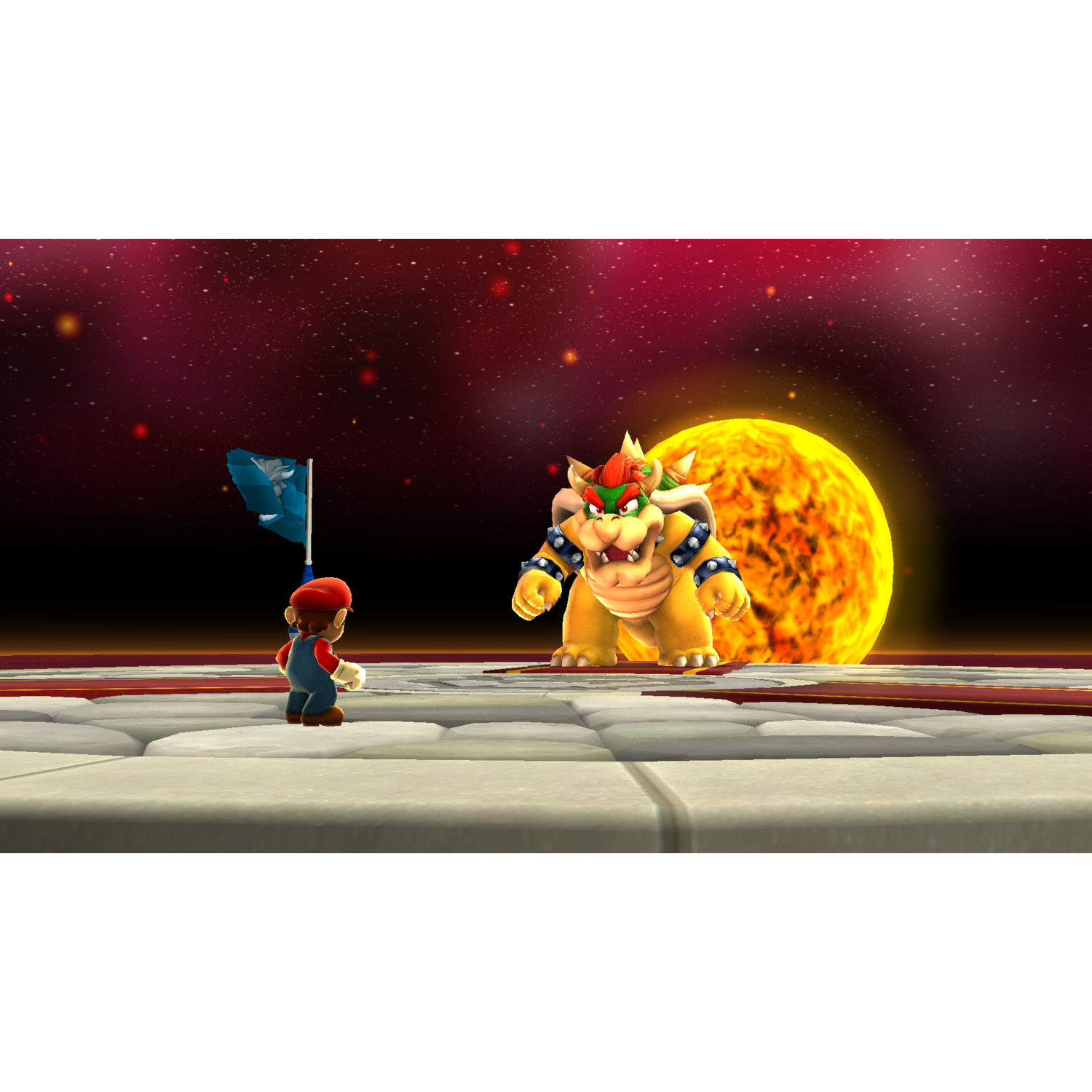 Mario staat tegenover Bowser op een platform. Bowser staat voor een gigantische zon in een sterrenhemel. Een vlag wappert op de voorgrond.