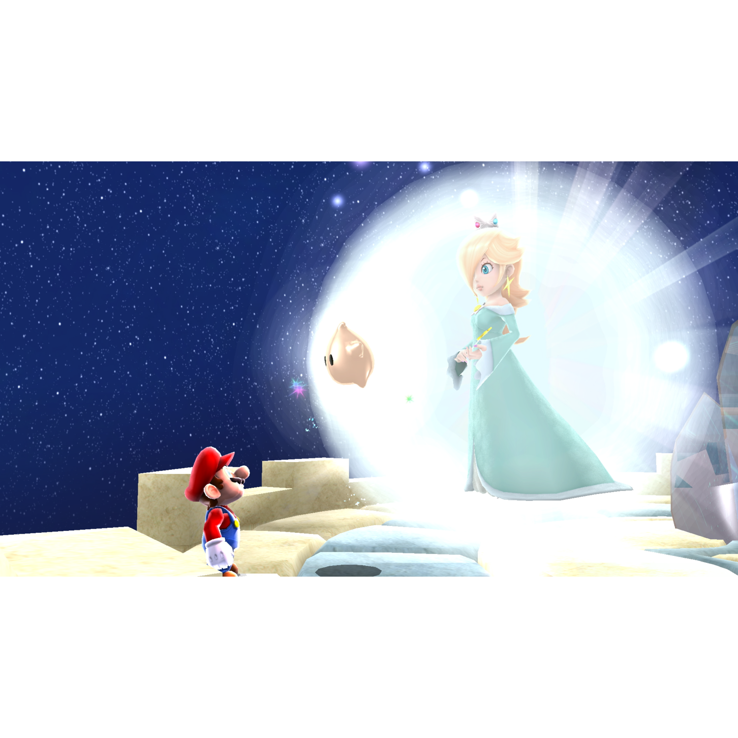 Mario kijkt naar Rosalina in een heldere aura, met een Luma en sterren op de achtergrond. De scène speelt zich af in een woestijnlandschap.