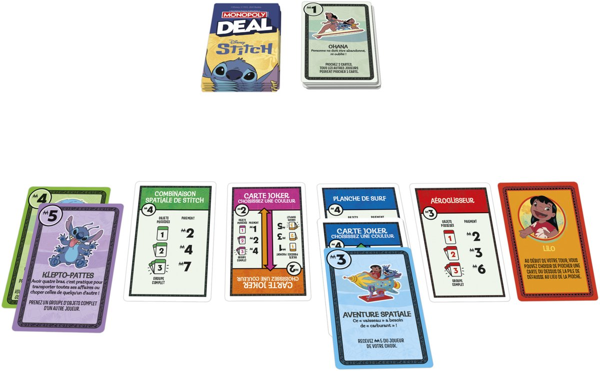 Monopoly Deal Stitch card game. Cards show Stitch, Lilo, and other characters. Cards have different actions and values.