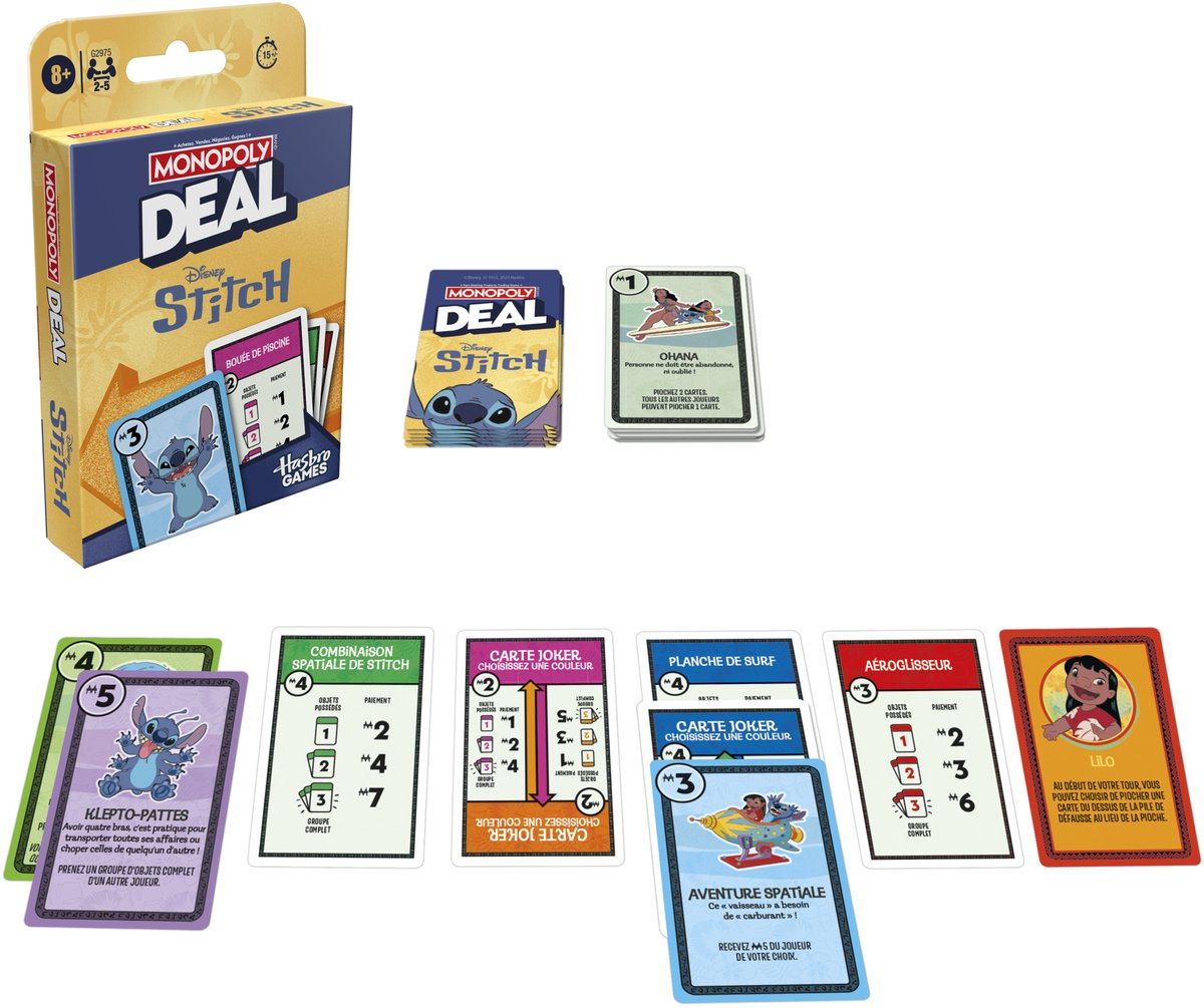 Monopoly Deal Stitch game. Box, cards featuring Stitch and other characters. Cards are face up. The game is on a white surface.
