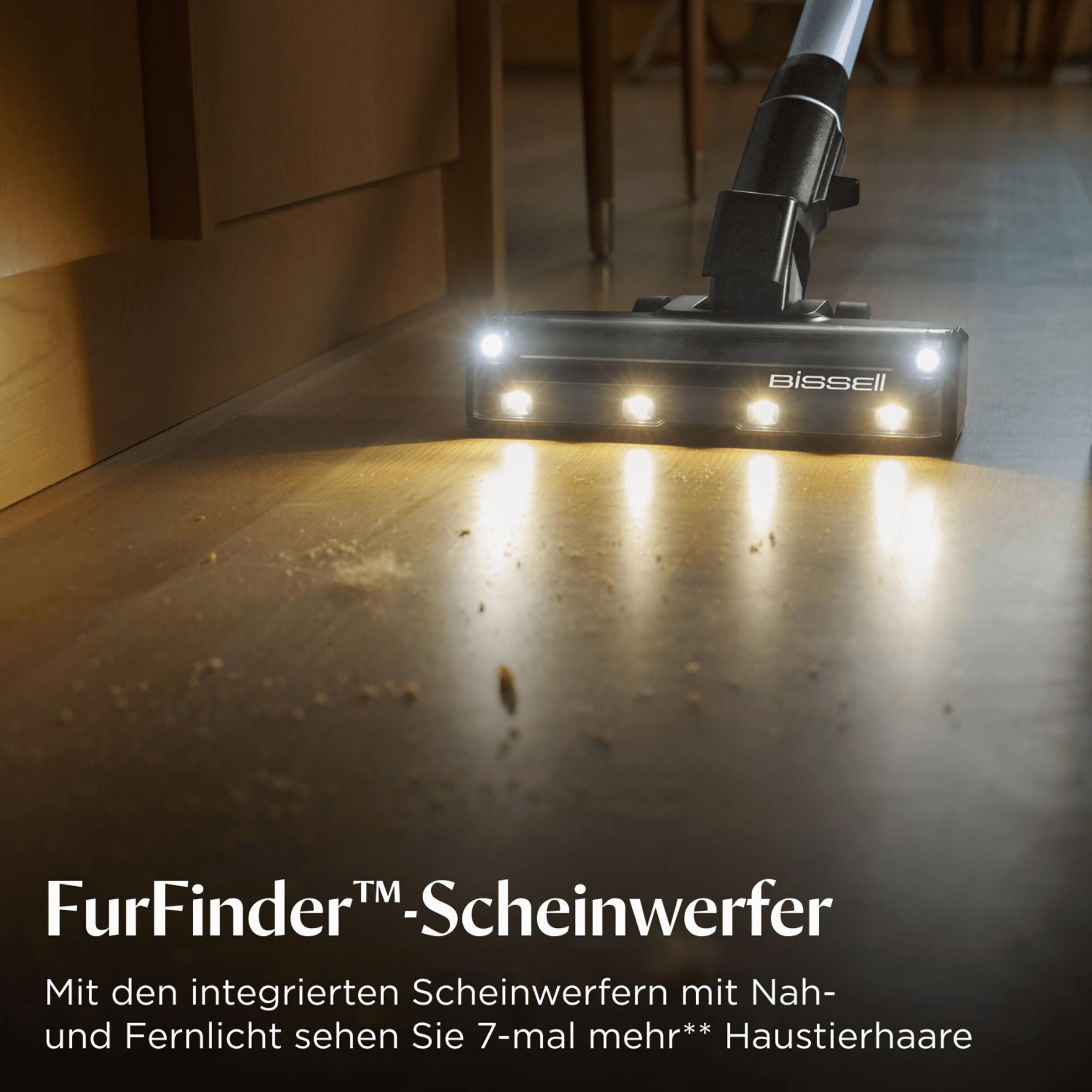 Ein Staubsaugerkopf mit Lichtern beleuchtet einen Holzboden, Vordergrundstaub und ein Bissell-Logo.