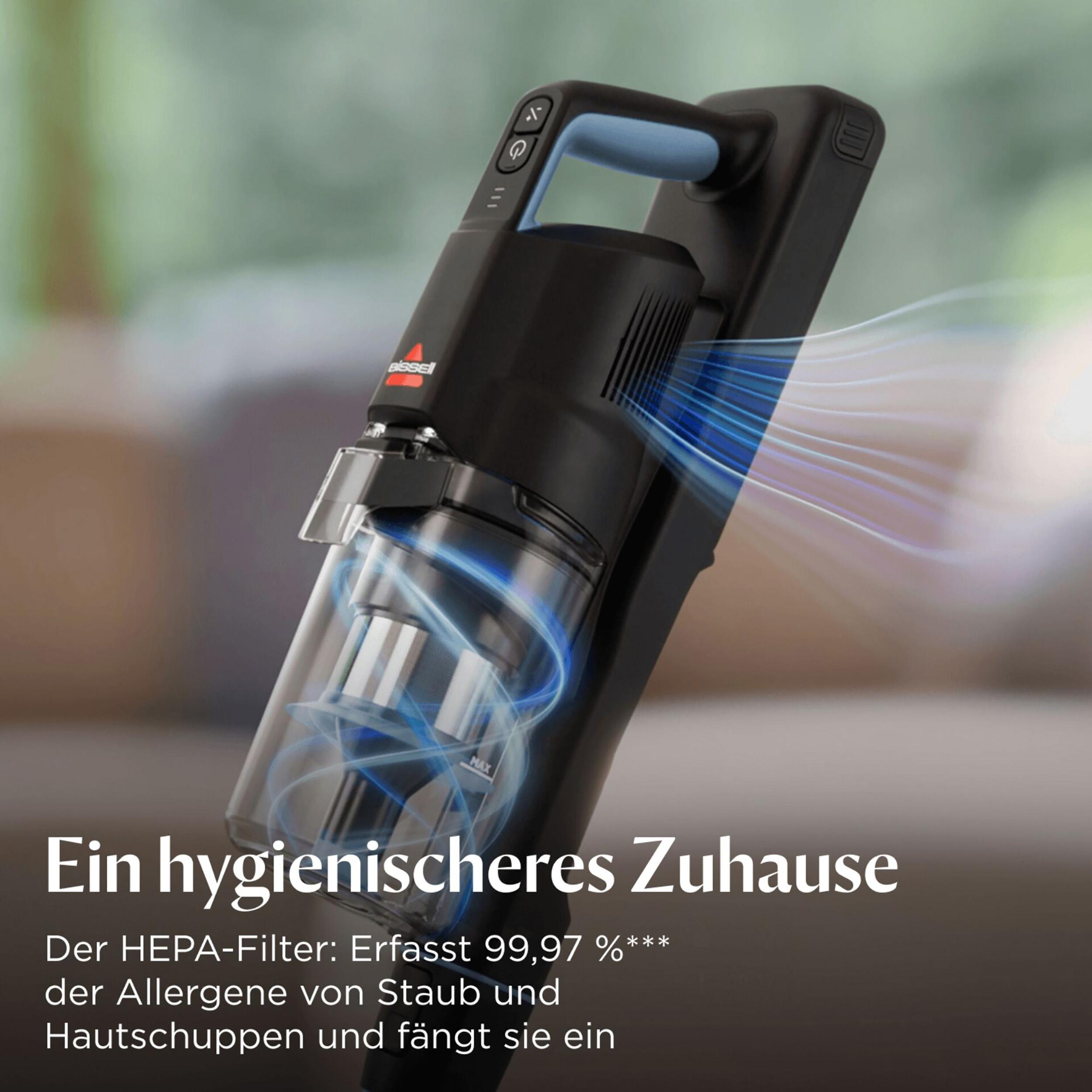 Ein schwarzer und blauer Bissell-Staubsauger. Das Bild zeigt seine Eigenschaften und Text über den HEPA-Filter.
