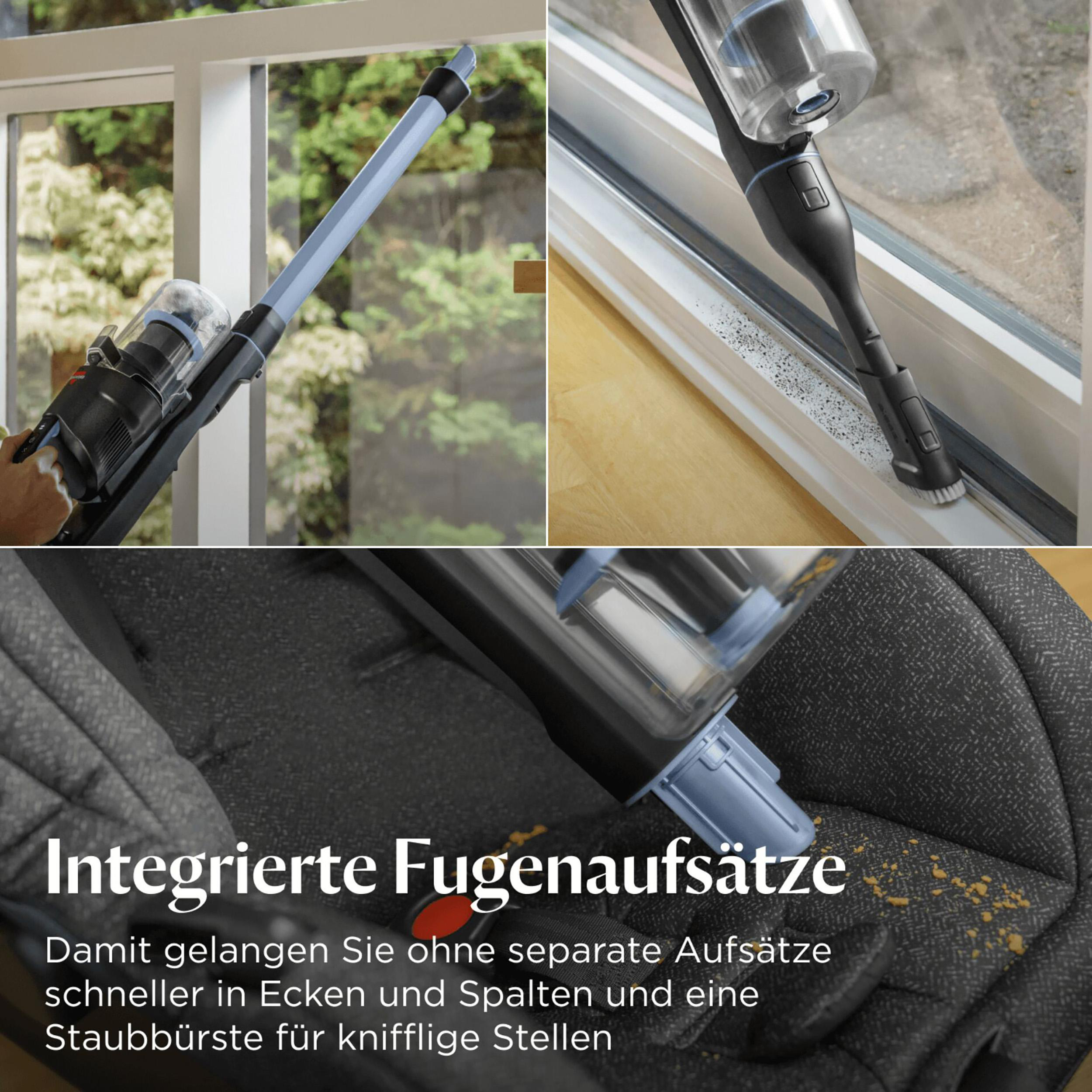 Ein Staubsauger reinigt einen Fensterrahmen und einen Autositz. Das Produkt wird mit Text zu seinen Funktionen gezeigt.