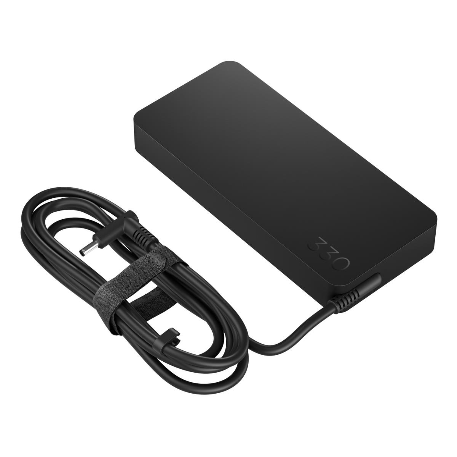 A black laptop power adapter with a thick cable and a connector. The adapter has the number 330 printed on it.