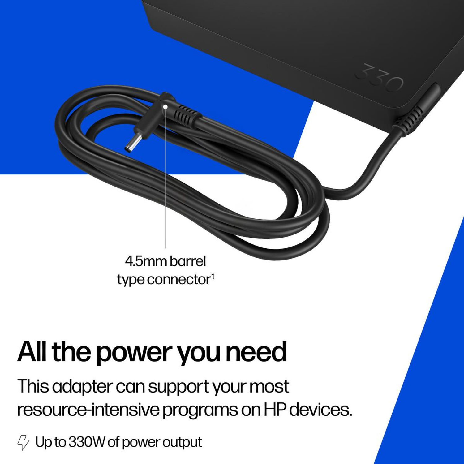 Black laptop power adapter with a 4.5mm barrel connector. Text states 'All the power you need' and 'Up to 330W of power output'.