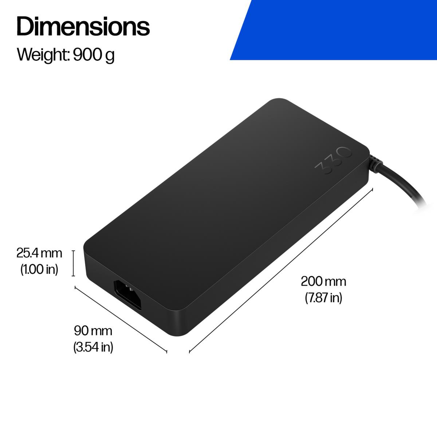 Black rectangular power adapter with dimensions labeled. It has a power port and a cable. Dimensions and weight are displayed.