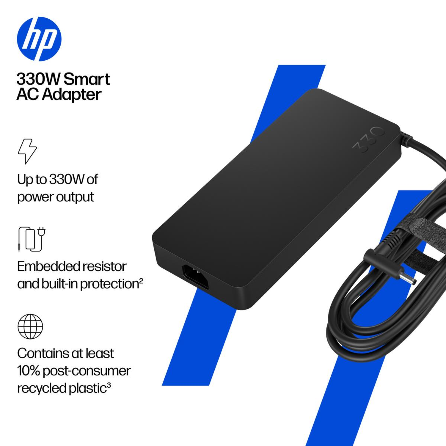 Black HP 330W Smart AC Adapter. Includes power output info, embedded resistor details, and recycled plastic content statement.