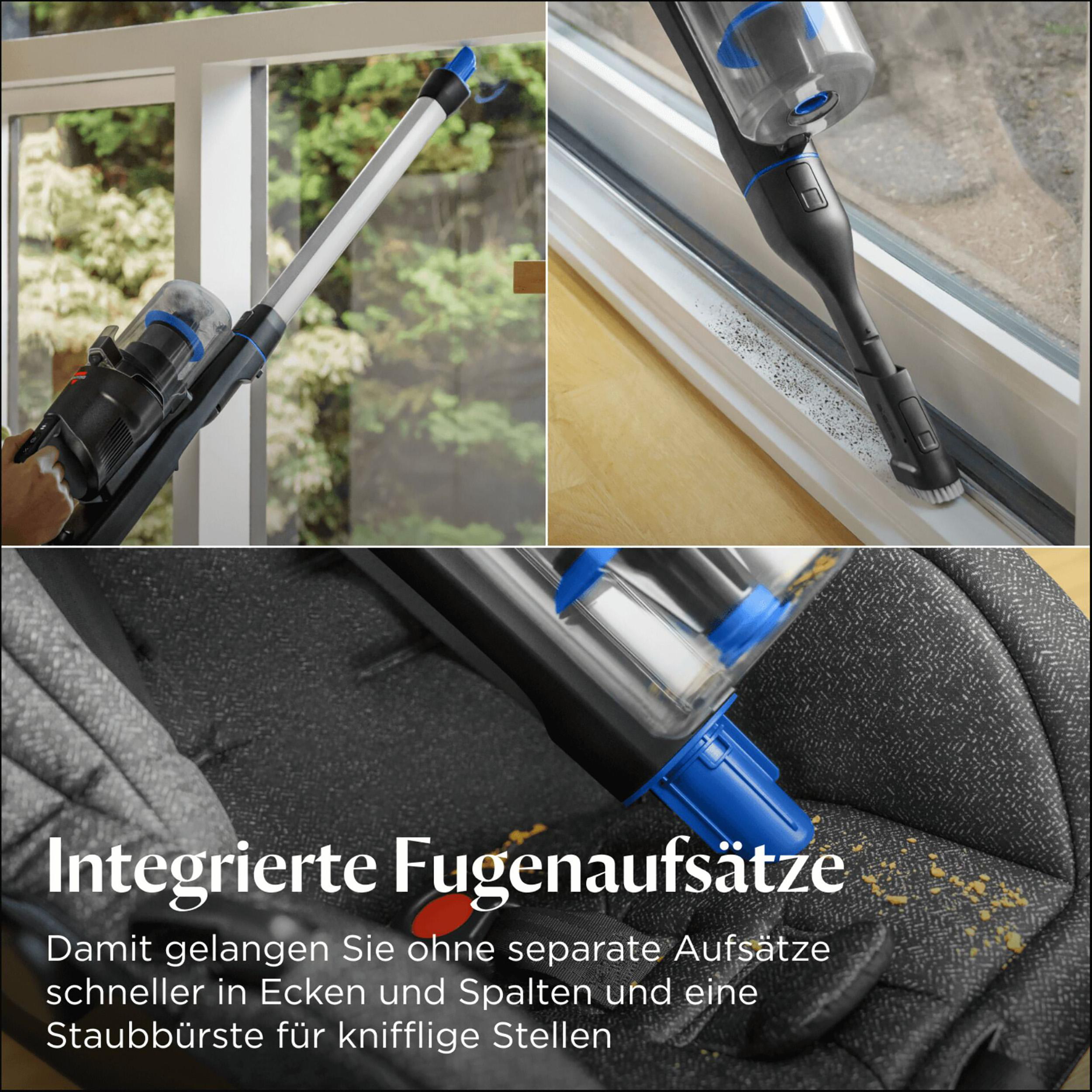 Ein kabelloser Staubsauger in Gebrauch. Er reinigt Fensterrahmen und einen Autositz. Text: Integrierte Fugendüsen.
