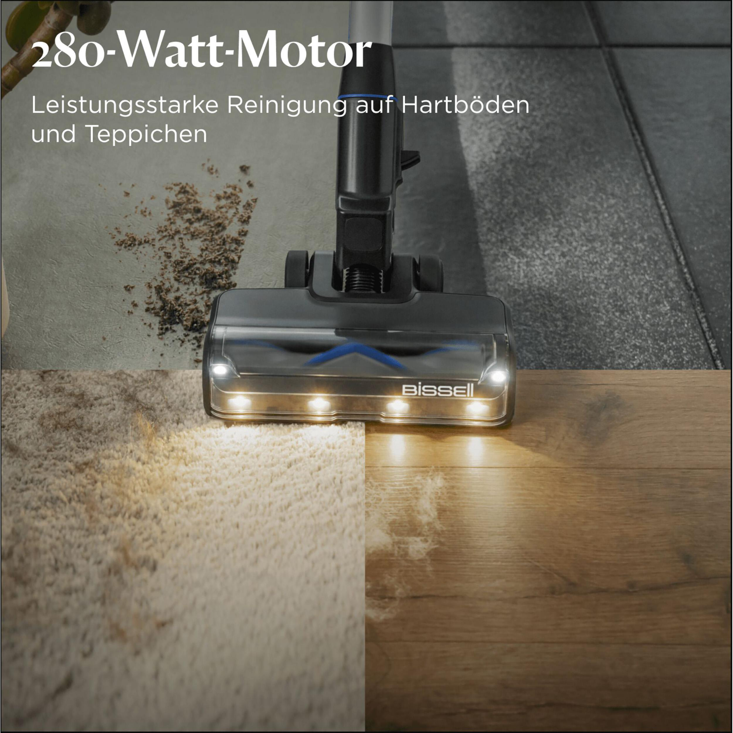 Staubsauger, der Teppich und Holzboden reinigt. Staub und Schmutz auf dem Teppich sichtbar. Text: 280-Watt-Motor.