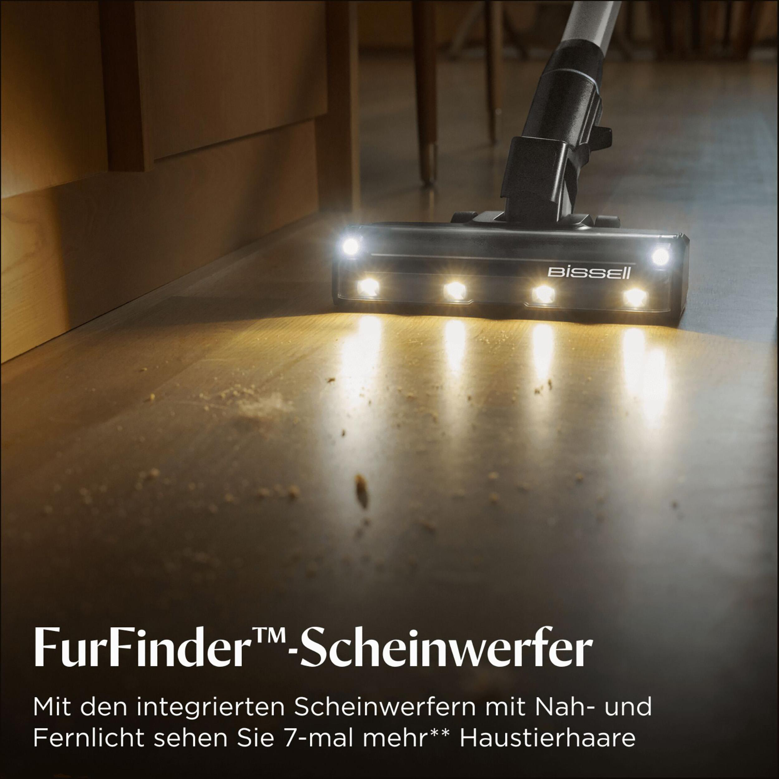 Vakuumdüse mit Lichtern auf Holzboden. Marke Bissell sichtbar. Text: 'FurFinder'.