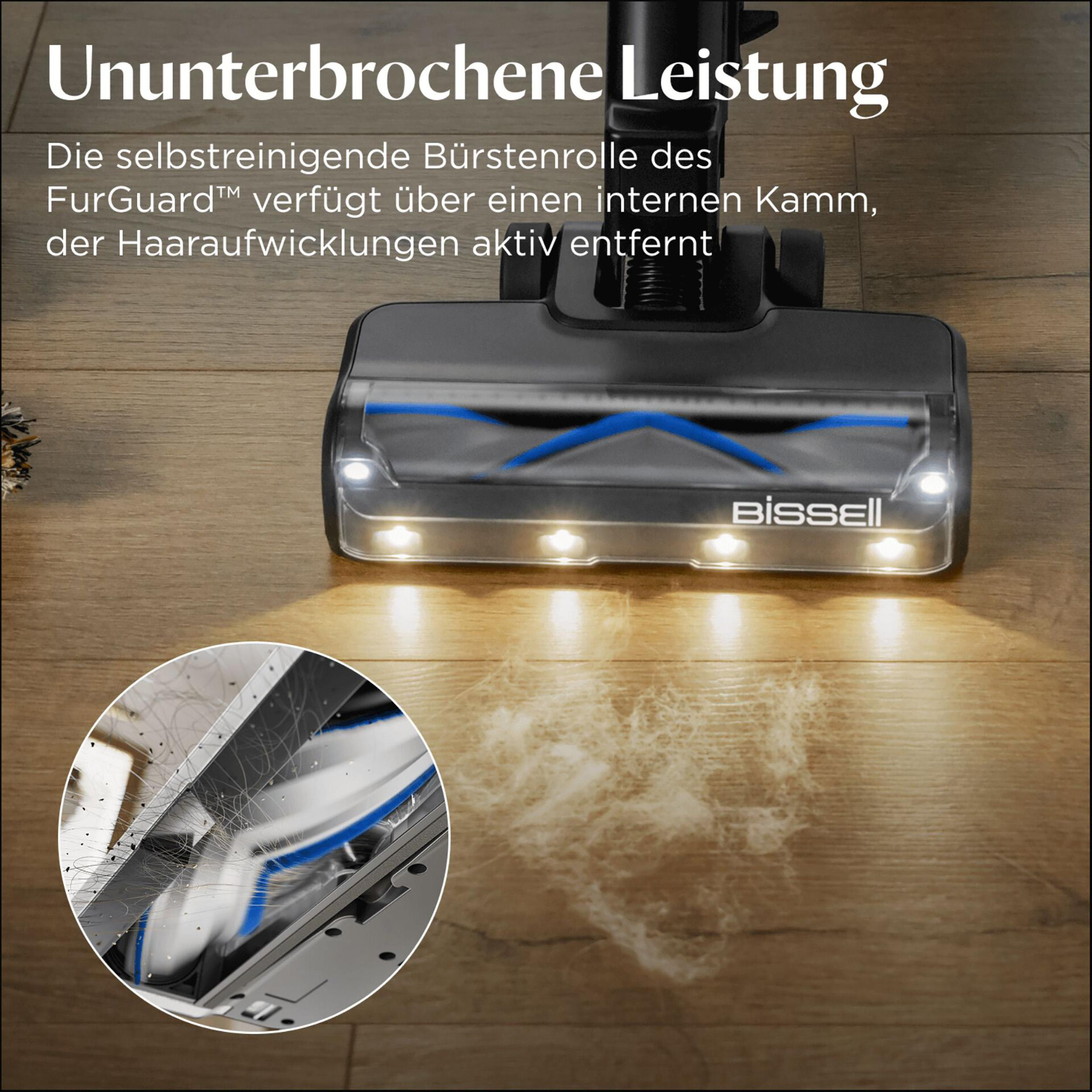 Staubsaugerkopf auf Holzboden. Haare und Schmutz werden gesammelt. Text auf Deutsch.