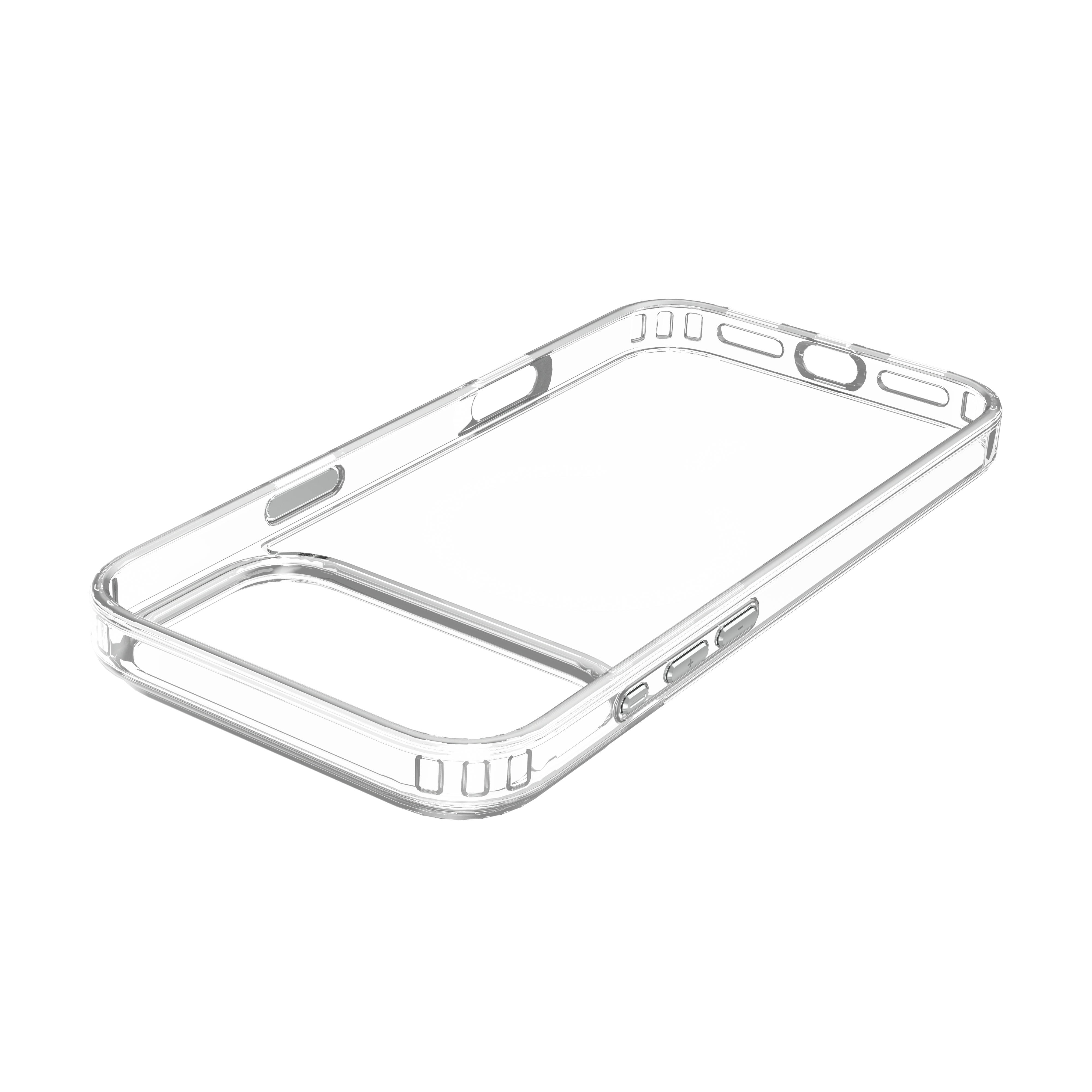 Eine klare, transparente Handyhülle auf weißem Hintergrund. Details wie Knöpfe und Ausschnitte sind sichtbar.