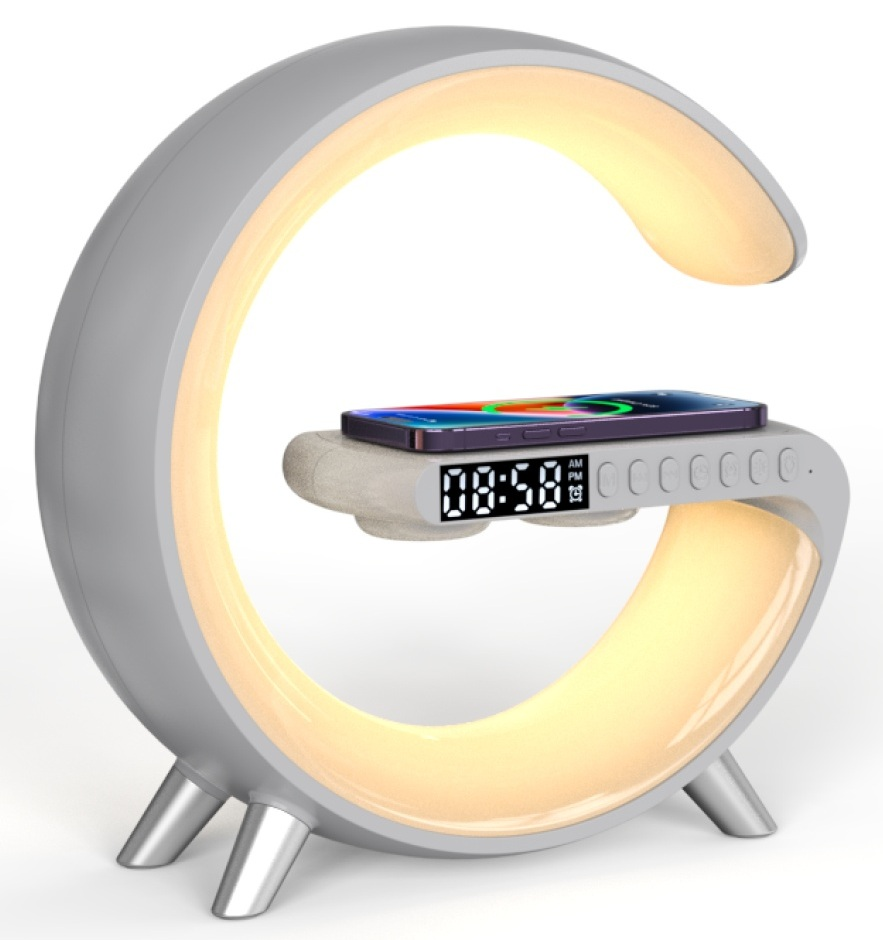 Szara, łukowata lampa z telefonem i cyfrowym zegarem. Lampa ma wewnętrzne światło i stoi na trzech nogach.