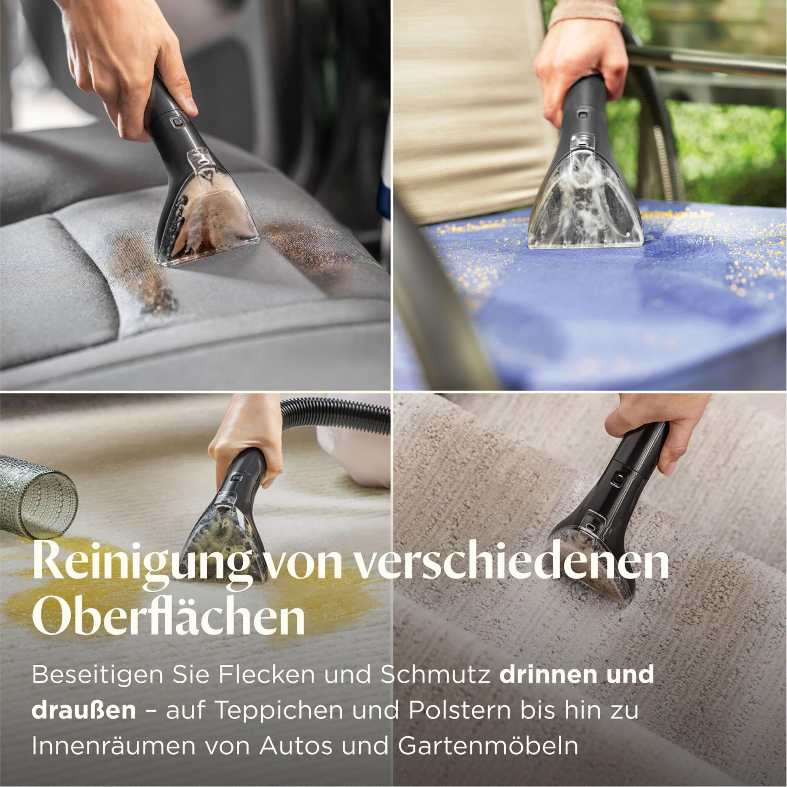 Das Bild zeigt die Reinigung verschiedener Oberflächen: Autositz, blaues Kissen, Teppich und Teppichboden mit Handstaubsauger.