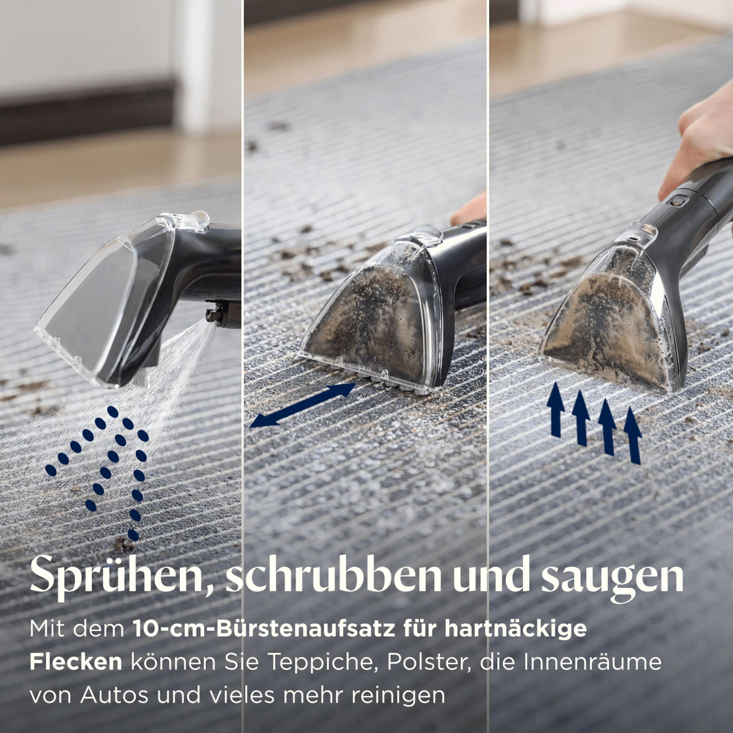 Das Bild zeigt einen Teppichreiniger in Aktion: Sprühen, Schrubben und Saugen. Text erklärt die Verwendung auf Teppichen, Polstern und Autoinnenräumen.