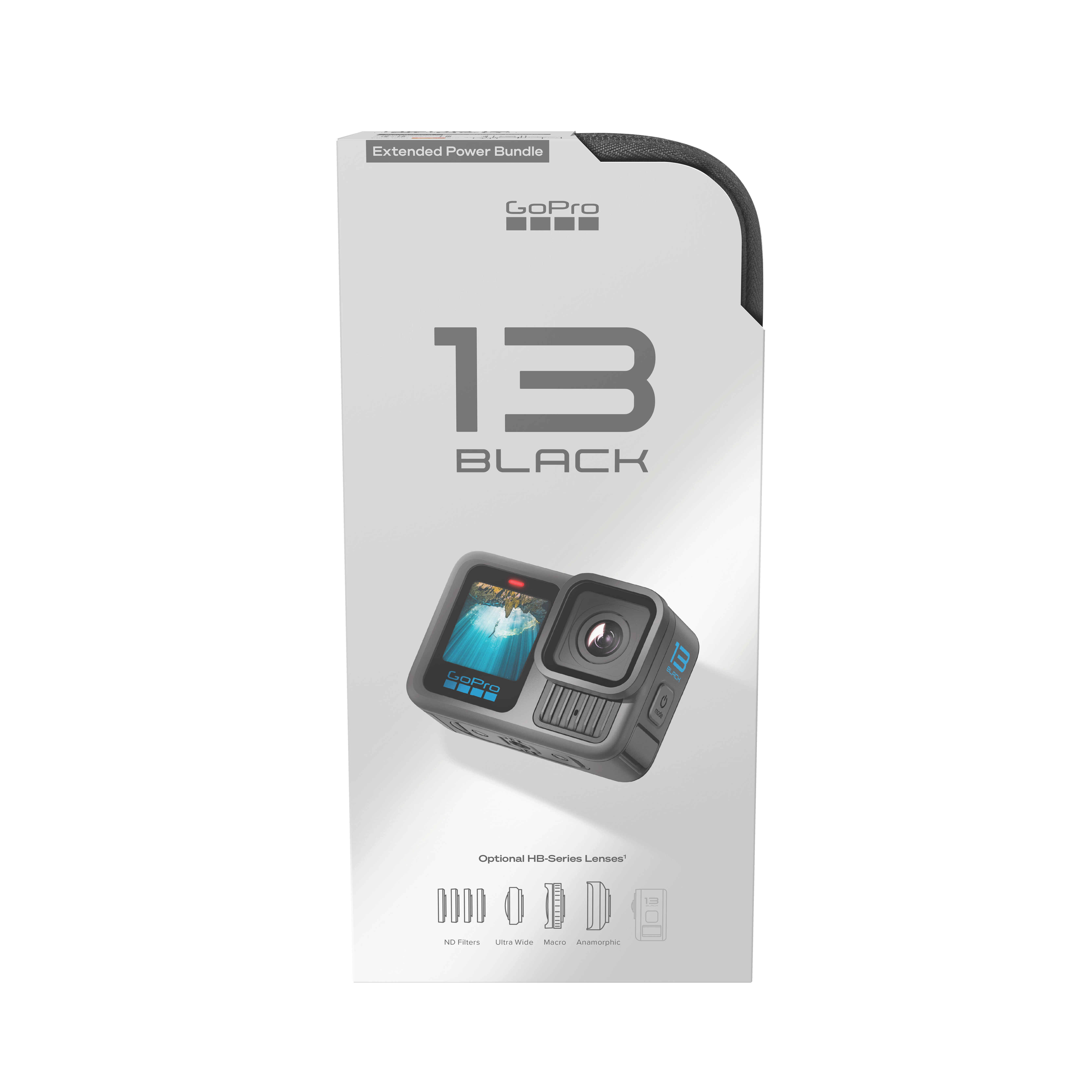 GoPro 13 Black Kamerakarton. Die Kamera ist sichtbar. Die Verpackung zeigt Objektivoptionen und das GoPro-Logo.