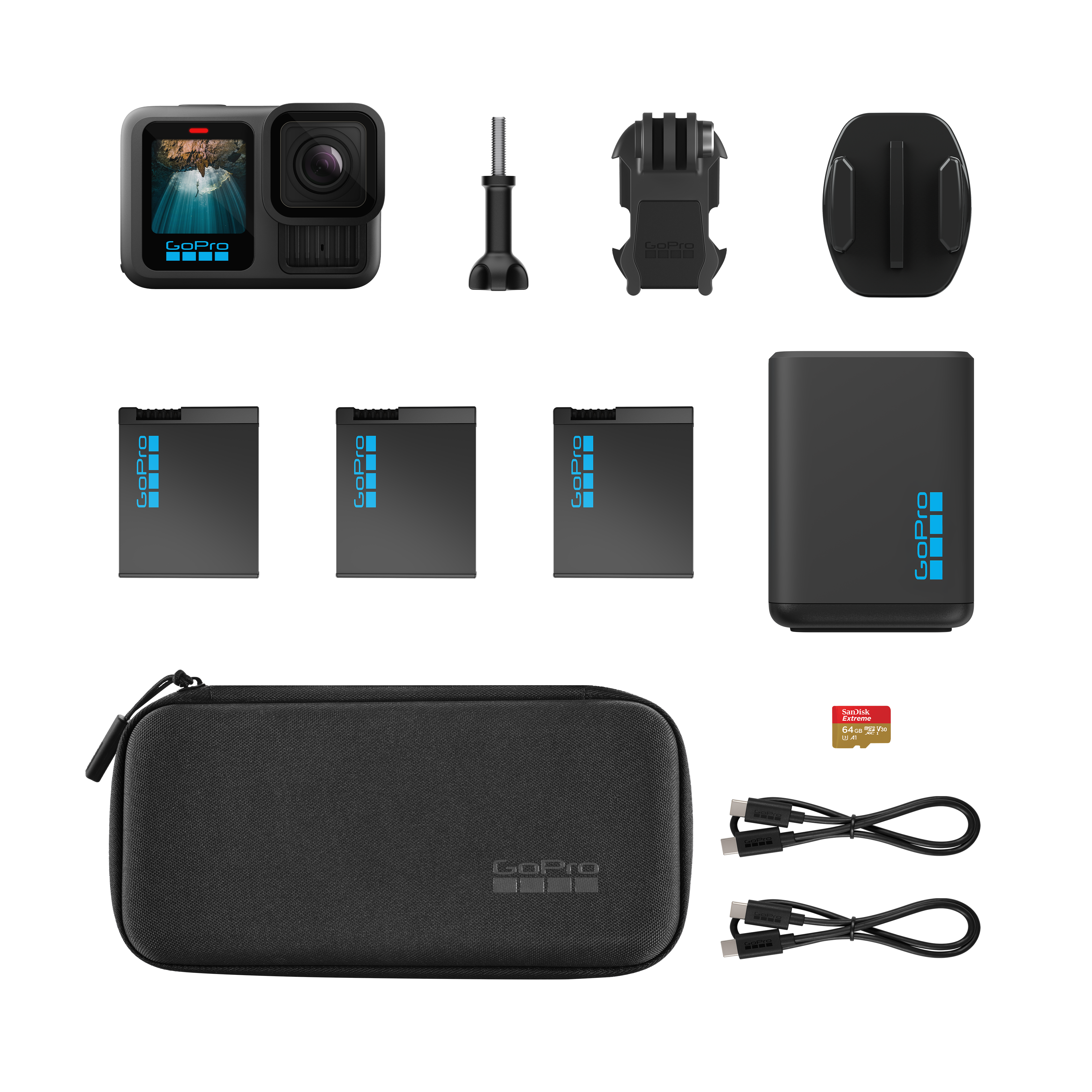 Eine GoPro-Kamera, Zubehör und eine Hülle sind auf einer weißen Oberfläche angeordnet. Enthält Batterien, Halterungen, SD-Karte und Kabel.