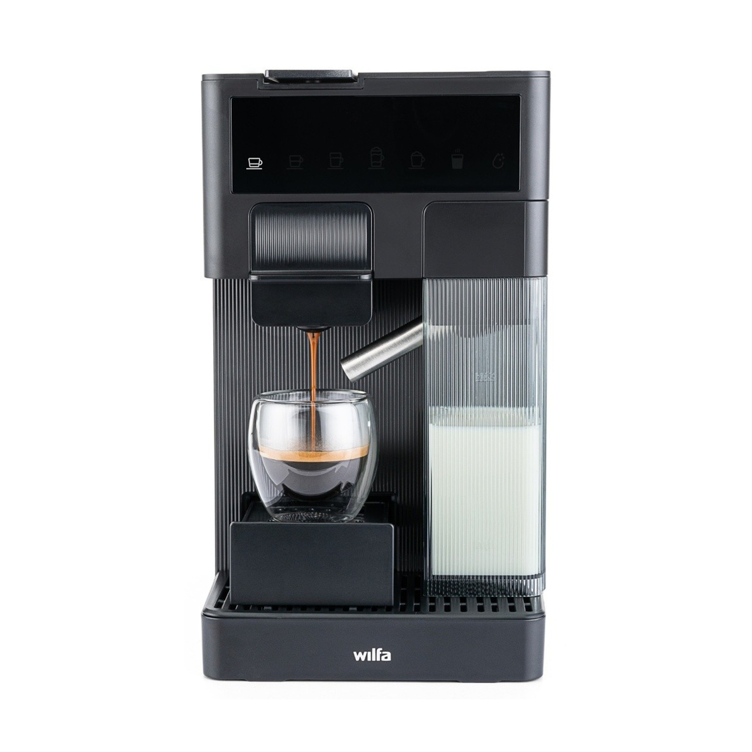 Una macchina da caffè nera con un bicchiere di caffè, un contenitore di latte e caffè che si versa nel bicchiere.