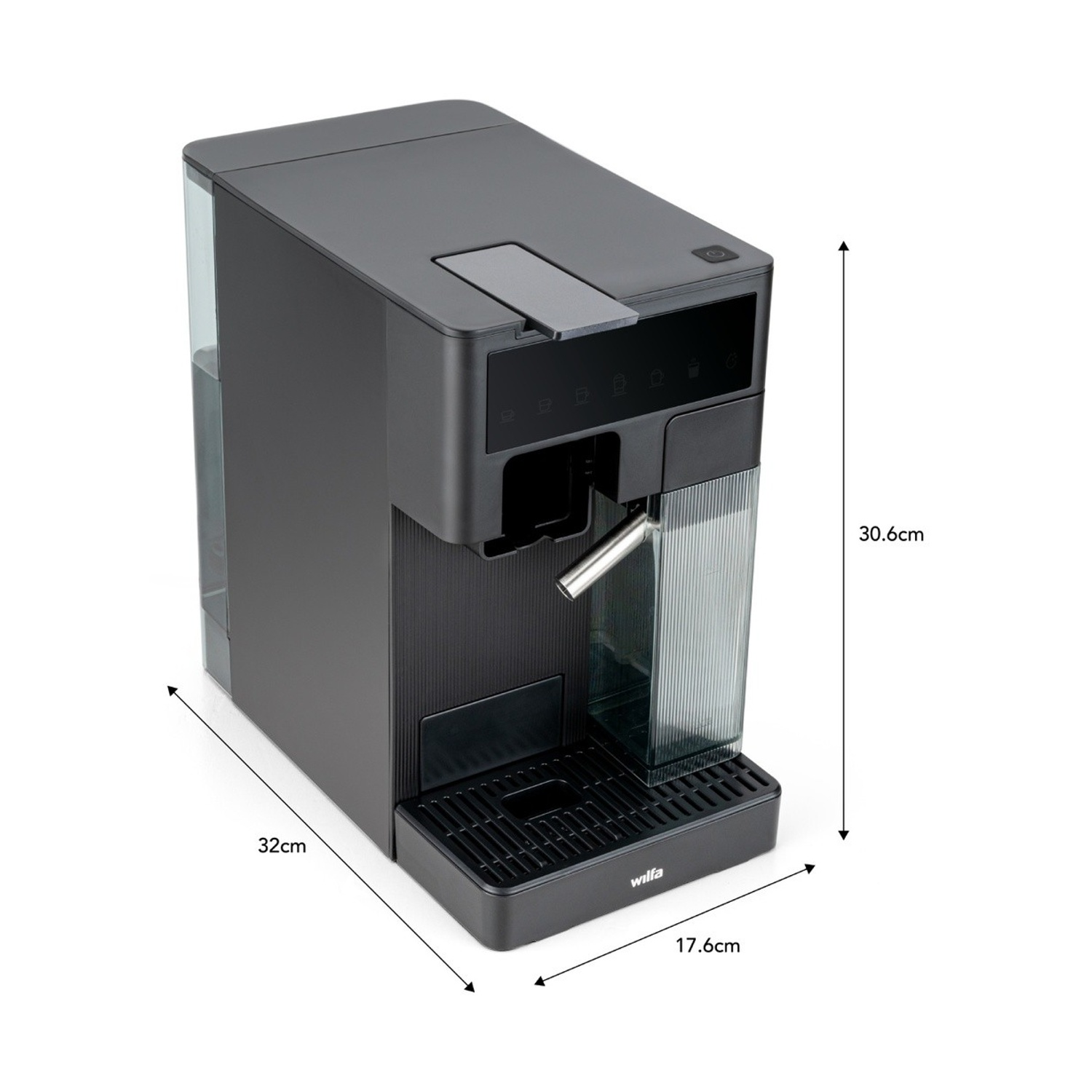 Una macchina da caffè nera con serbatoio dell'acqua, dimensioni etichettate. Include un beccuccio, pulsanti e un vassoio antigoccia. Marchio 'wilfa' visibile.