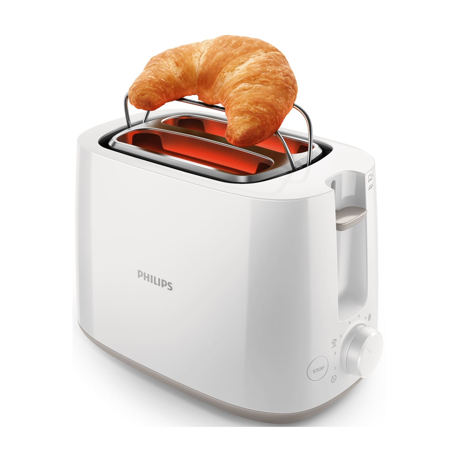 Un tostapane Philips bianco con un croissant sopra. Il tostapane è su una superficie bianca e lo sfondo è anch'esso bianco.