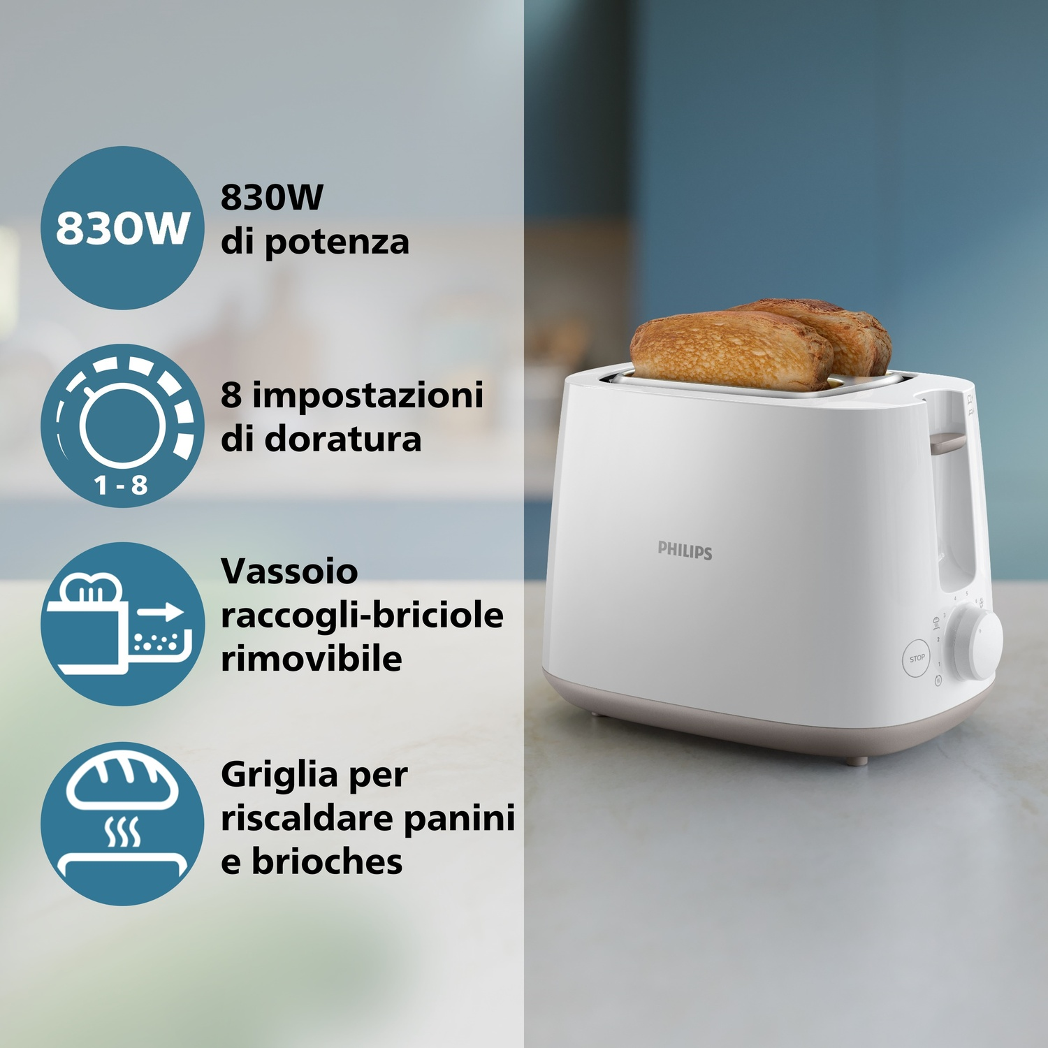 Un tostapane Philips bianco con due fette di pane tostato. Caratteristiche: potenza, impostazioni doratura, vassoio raccogli-briciole e scalda pane.