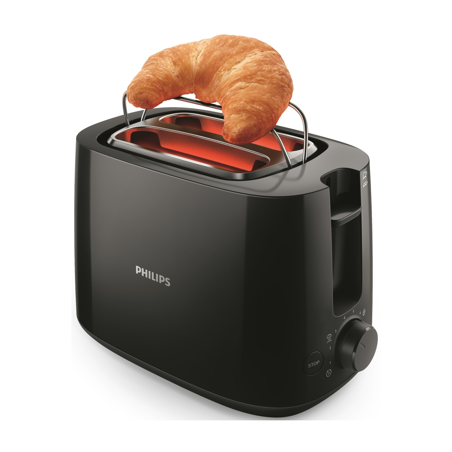 Un tostapane nero Philips con un croissant sopra. Il tostapane è su sfondo bianco.