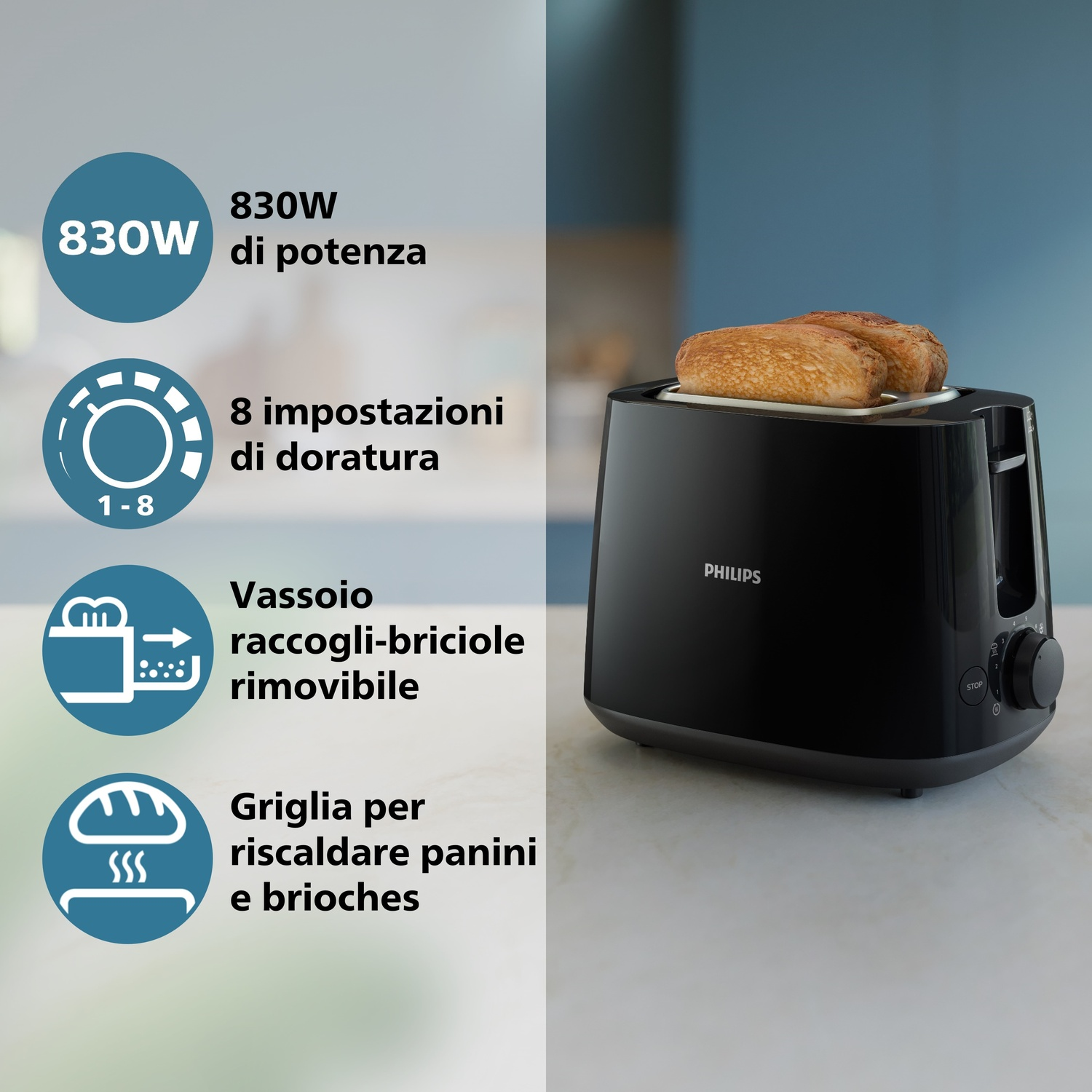 Un tostapane Philips nero con due fette di pane tostato. Include impostazioni di potenza, livelli di doratura e un vassoio raccogli-briciole rimovibile.