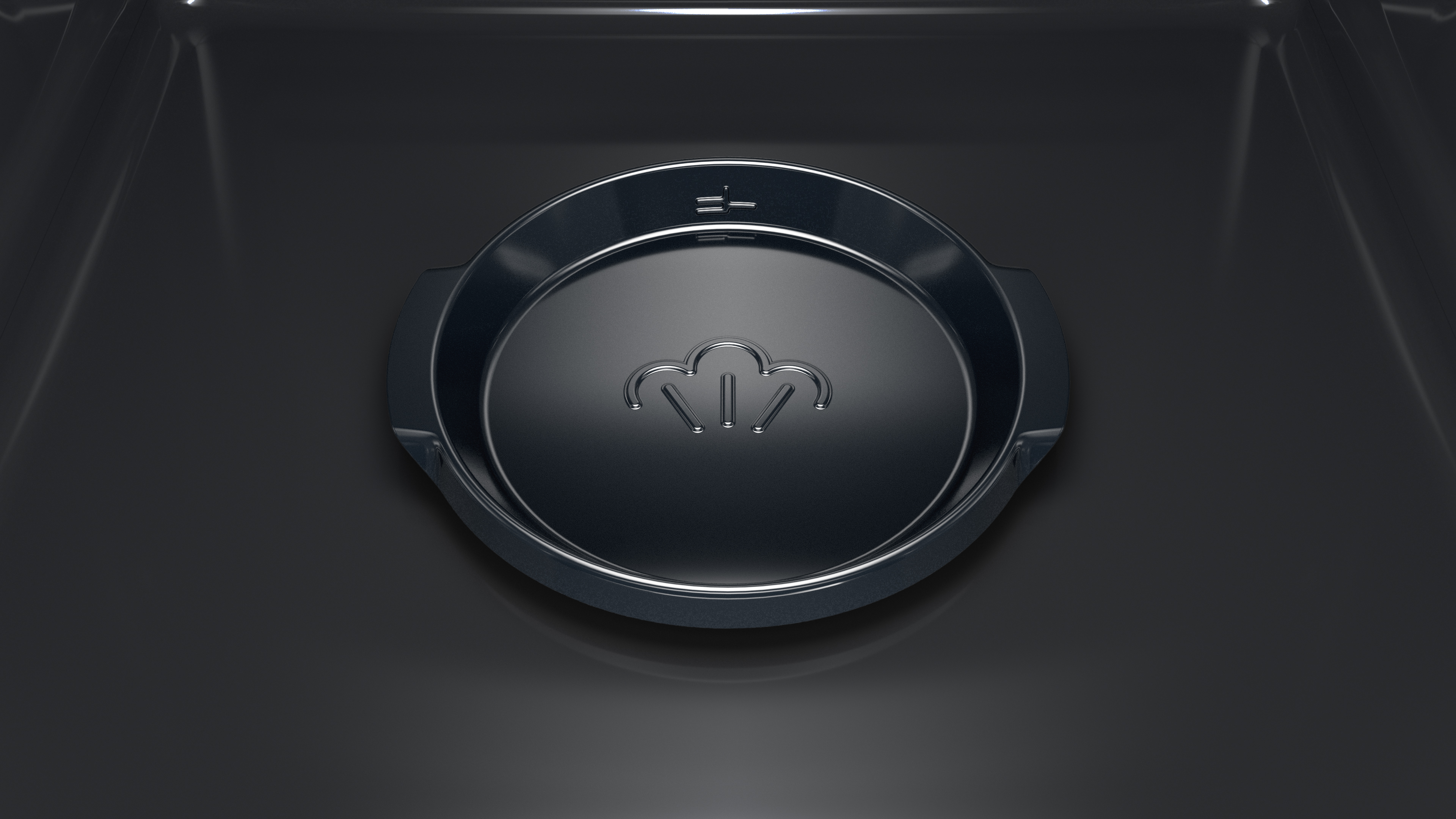 Interior oscuro de horno con función de vapor circular. La función tiene un símbolo de vapor en el centro y está rodeada por un marco oscuro.