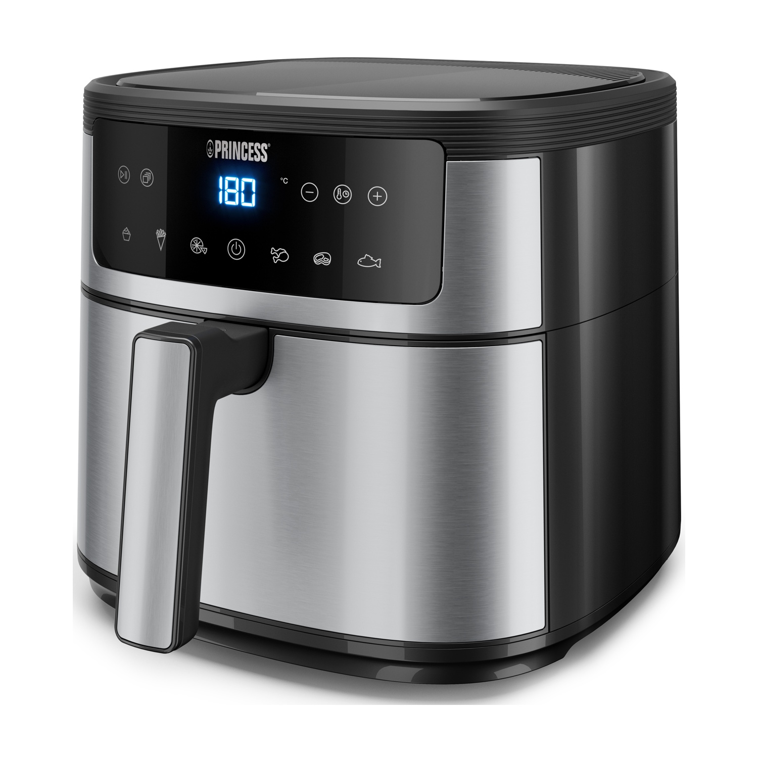 Una friggitrice ad aria con display digitale che mostra 180 gradi. Ha un design argento e nero con una maniglia. Il marchio Princess è visibile.
