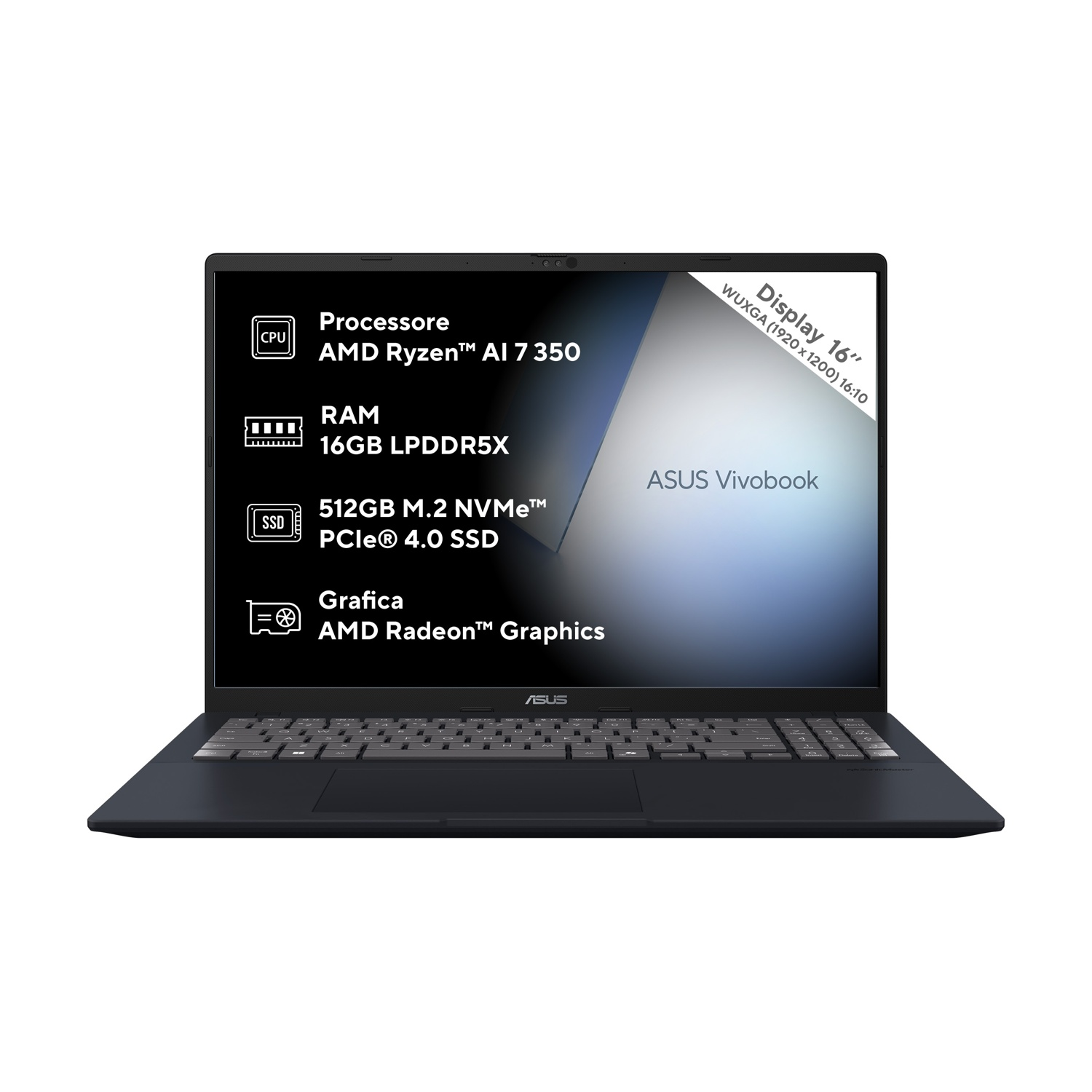 Un laptop ASUS Vivobook grigio scuro è in mostra. Lo schermo mostra specifiche come AMD Ryzen AI 7 350, 16 GB di RAM e 512 GB di SSD.