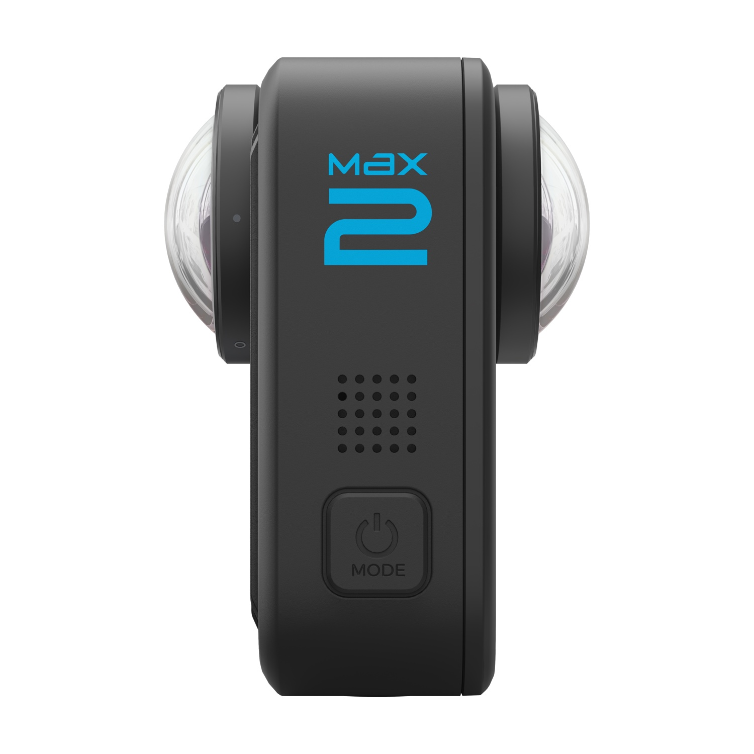 Fotocamera GoPro MAX 2 nera con testo MAX II blu. Ha due lenti sferiche e un pulsante modalità. Lo sfondo è bianco.