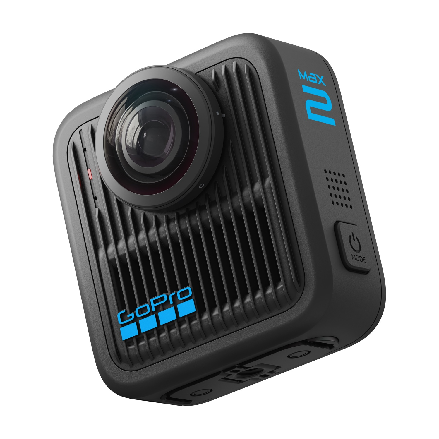 Una fotocamera GoPro Max 2 nera. Ha un obiettivo grandangolare, loghi blu 'MAX 2' e 'GoPro' e un pulsante modalità. Isolato su bianco.