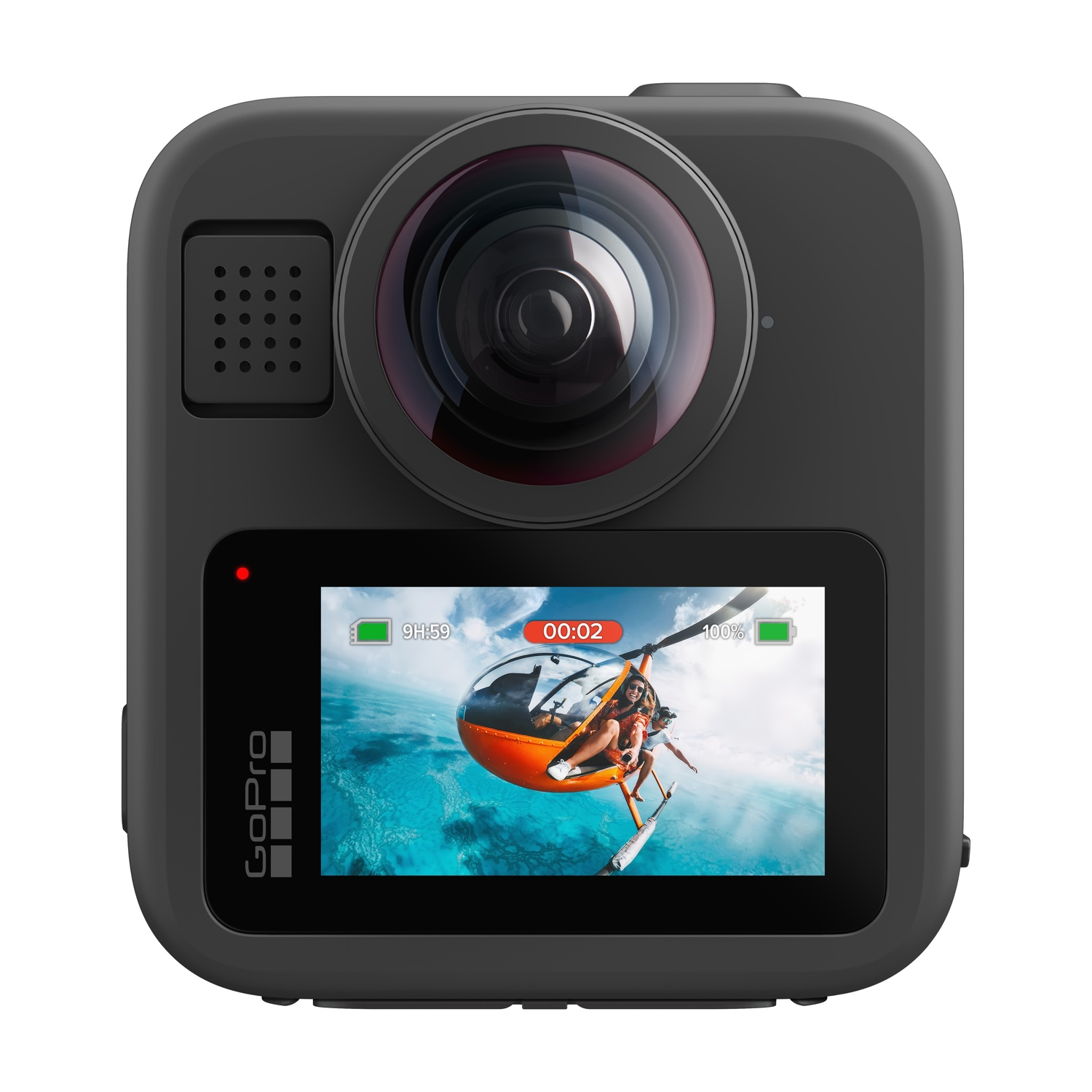 Fotocamera GoPro nera con schermo che mostra un elicottero sopra l'acqua blu. La fotocamera ha un obiettivo grande e un piccolo altoparlante.
