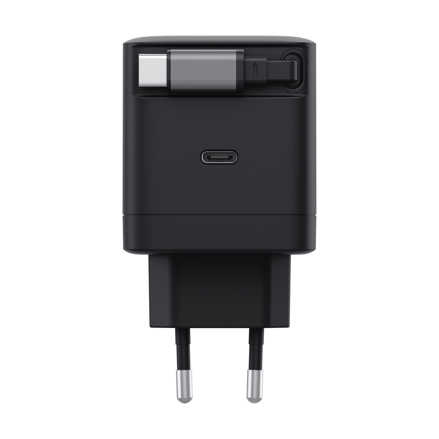 Un caricatore nero con porta USB-C e due spine. Ha un cavo USB-C retrattile e un piccolo dettaglio color argento.