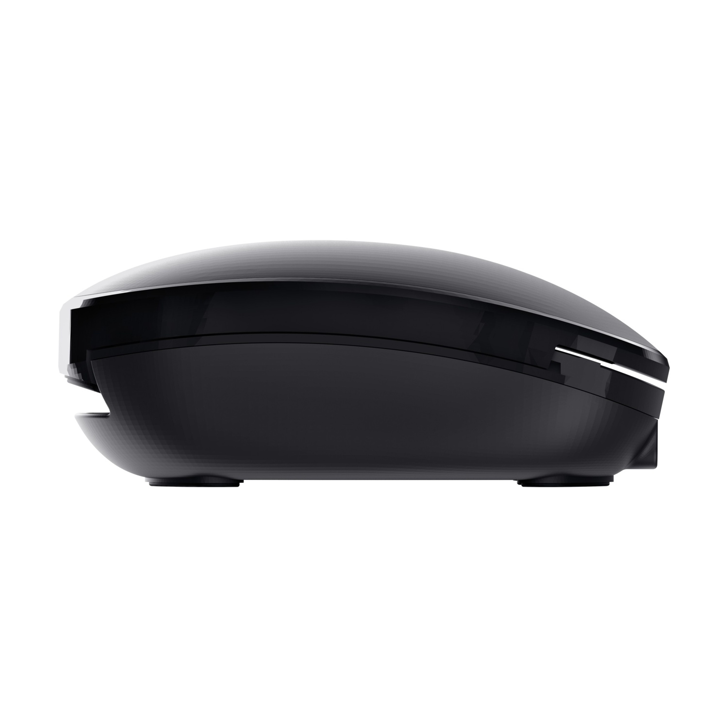 Un dispositivo nero, di forma ovale, forse un mouse o un gadget simile, poggia su uno sfondo bianco. Ha una finitura lucida.