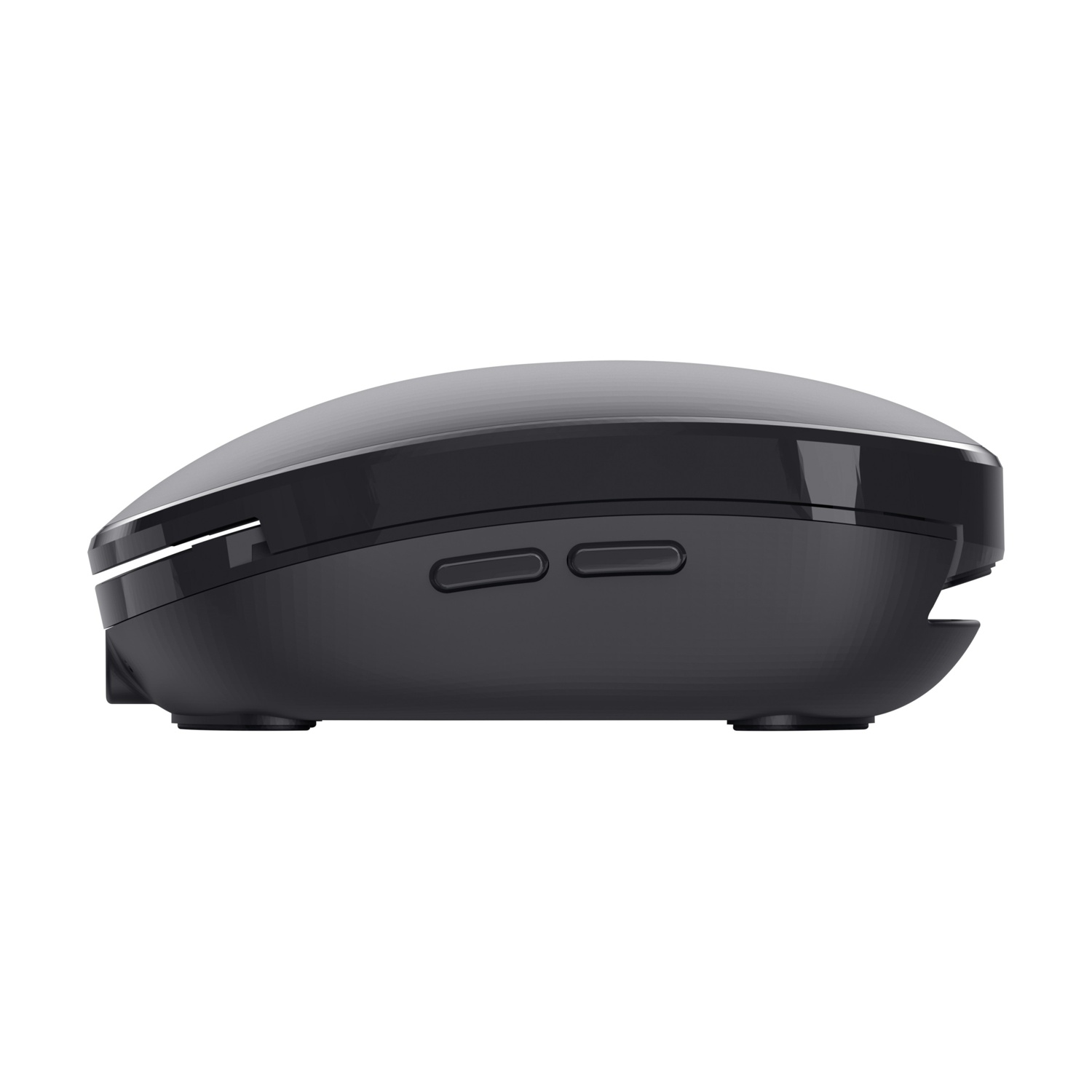 Un mouse per computer nero dall'aspetto futuristico con una parte superiore lucida e due pulsanti laterali. Poggia su una superficie bianca.