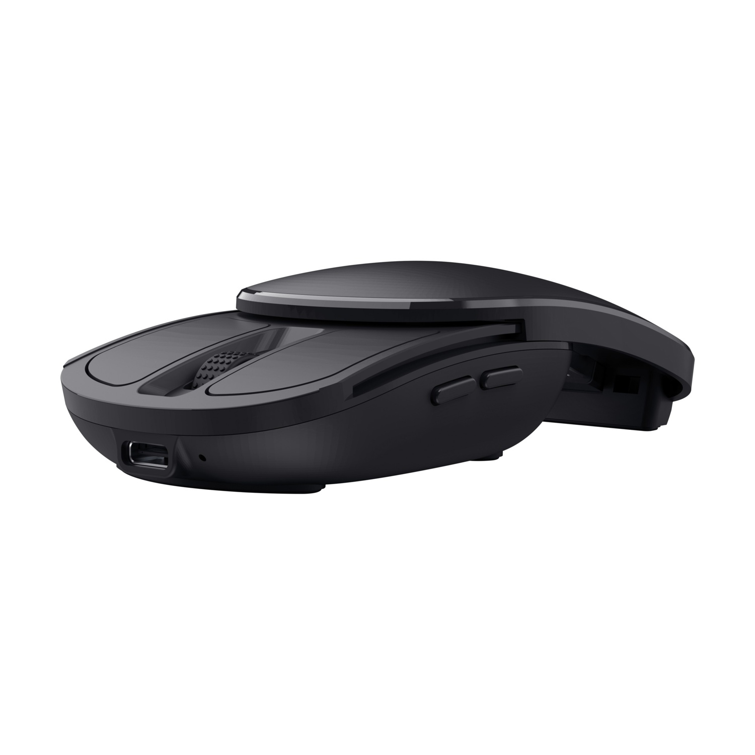 Un mouse wireless nero è esposto su sfondo bianco. Il mouse ha un design elegante con più pulsanti e una rotella di scorrimento.
